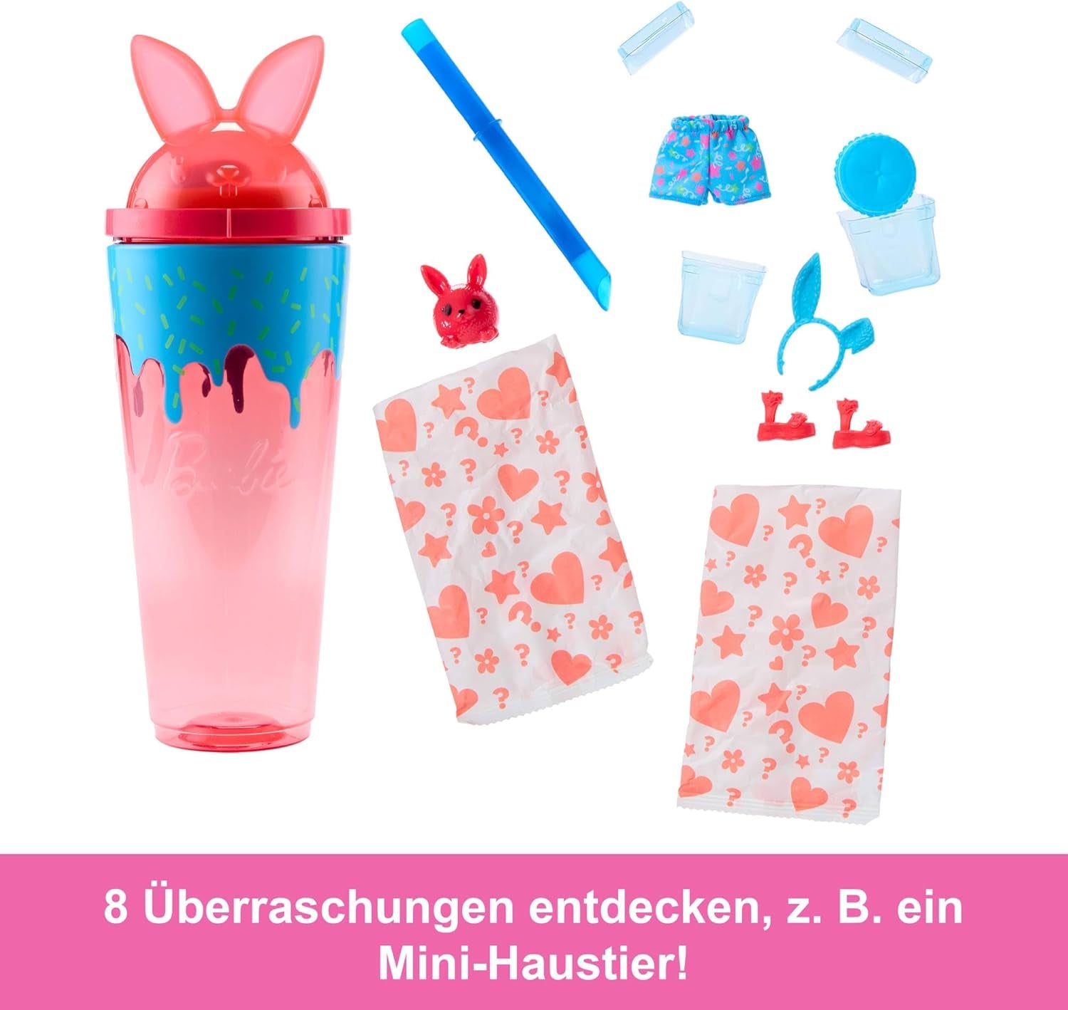 Barbie Pop Reveal Puppe und Zubehör-Set, Shakes-Serie, süße, duftende Kätzchen-Modepuppe und Haustier mit 8 Überraschungen, einschließlich Farbwechsel, JCN87