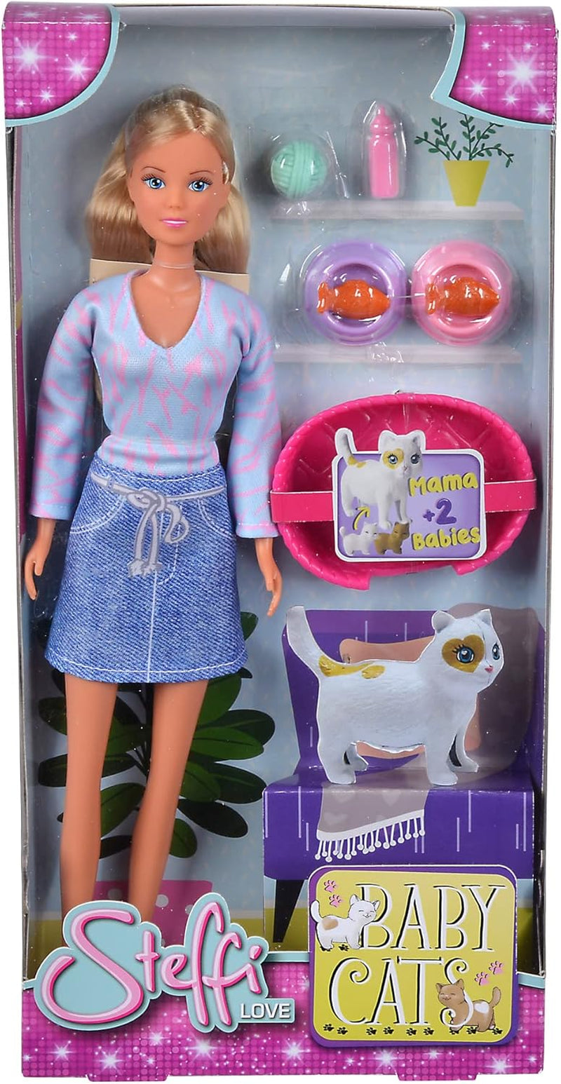 Simba Steffi Love Baby Cats, Spielpuppe im modischen Kleid mit schwangerer Katze und zwei süßen Katzenbabys, Zubehör, 29cm, ab 3 Jahre