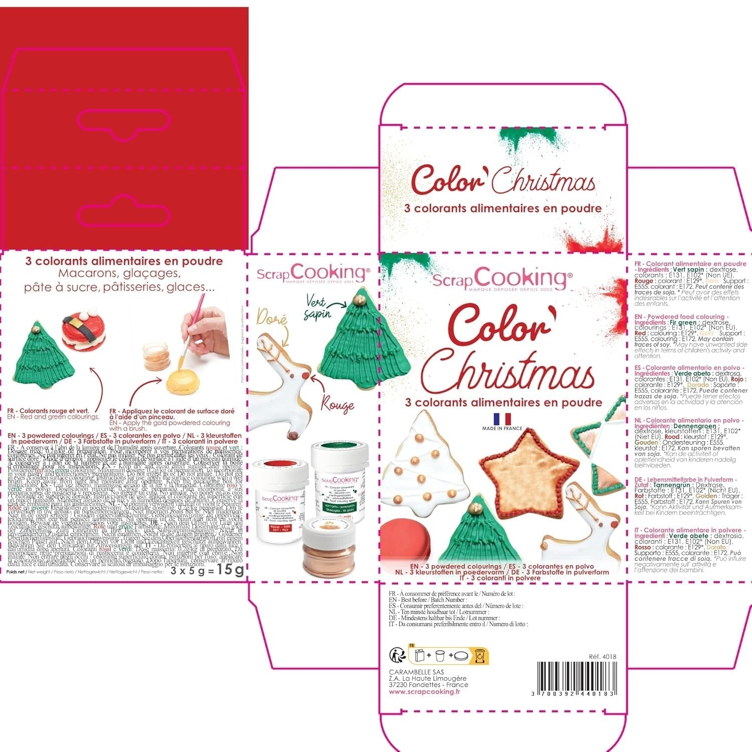 Scrapcooking – Set mit 3 pulverisierten Weihnachts-Lebensmittelfarben – Rot, Grün, Gold – Essbare Lebensmittelfarben zum Backen, Kuchen, Kekse, Gebäck, Teig, Fondant – Weihnachtsdekorationen – 4018