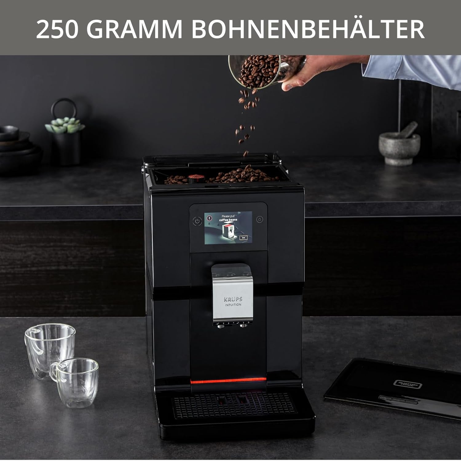 Krups Intuition Preference Espressovollautomat mit Smartphone-ähnlicher Bedienung, 3,5" Farb-Touchscreen, Smart Slide-Technologie, intuitives Beleuchtungssystem, 11 Getränke, Milchbehälter, EA873810