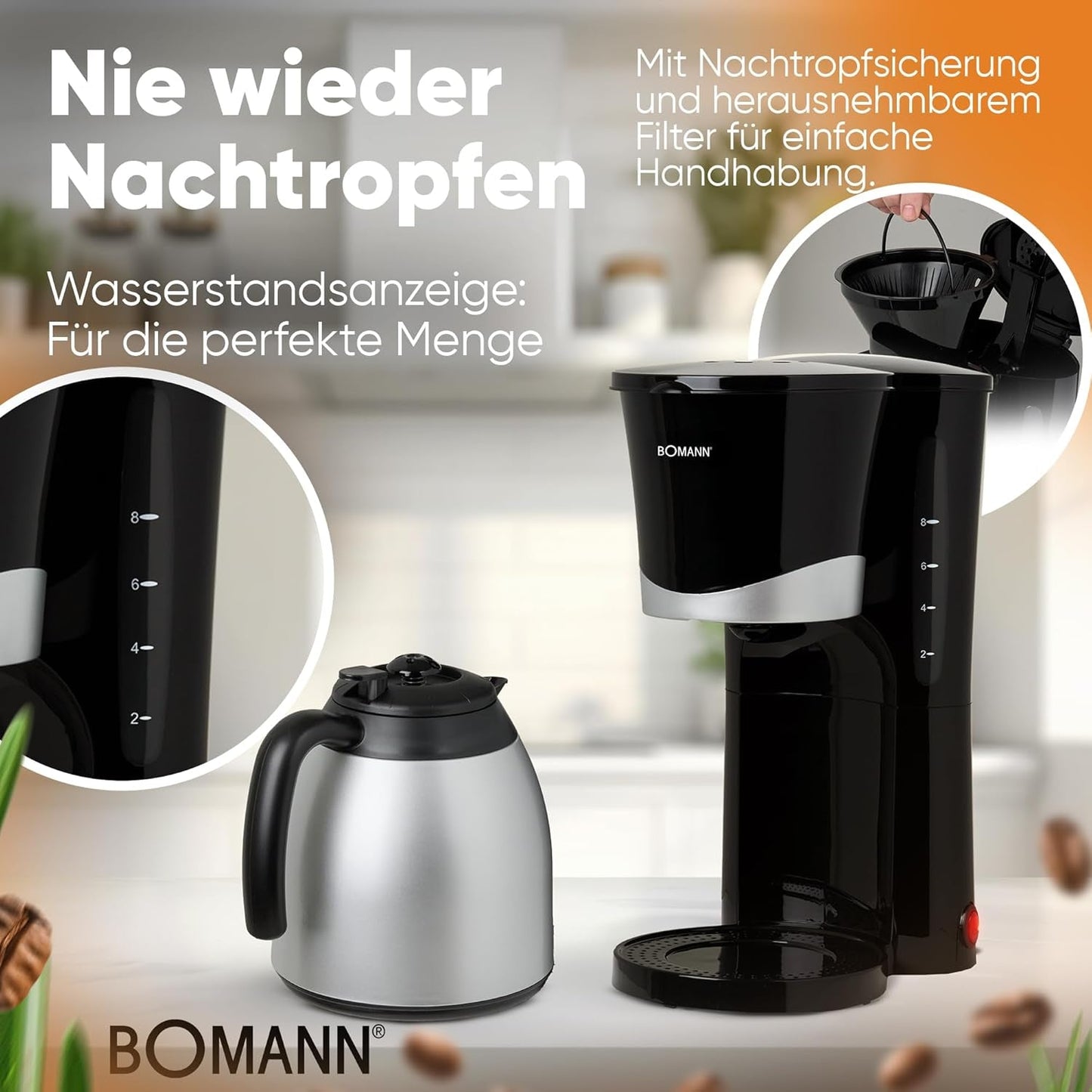 Bomann® Kaffeemaschine mit Thermoskanne | für 8-10 Tassen Kaffee | ohne Temperaturverlust | Kaffeemaschine mit Filter | 1 Liter | Espresso | Filterkaffeemaschine mit Thermoskanne | KA 168 schwarz