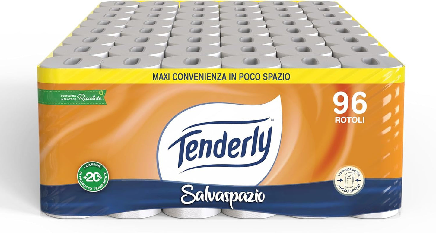 Platzsparend, 96 Rollen Toilettenpapier, 2 Schichten, 220 Tränen pro Rolle, mit natürlichen Extrakten aus Malve und Ringelblume, hergestellt in Italien, dermatologisch getestet.