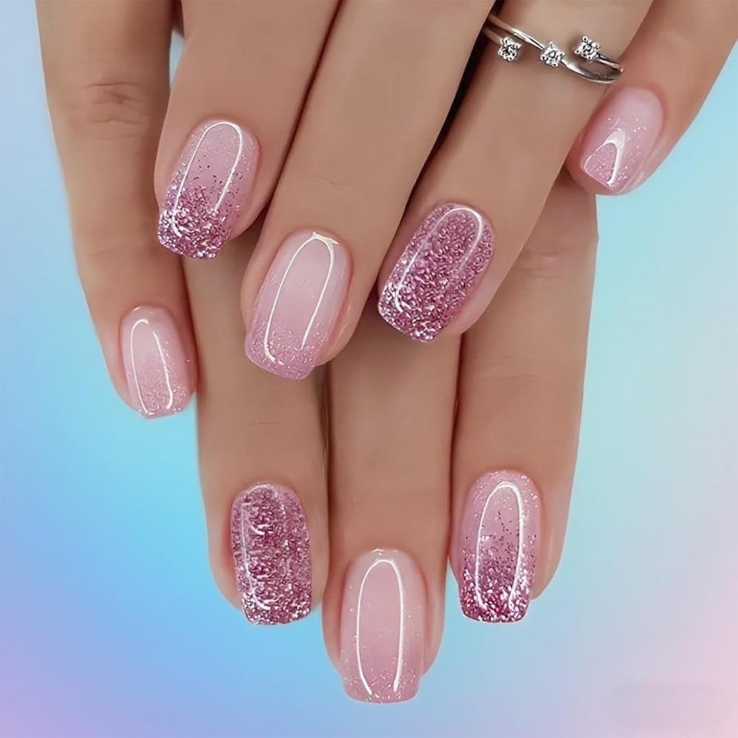Selbstklebendes Kunstnägel-Set – Französische Kunstnägel – 24-teilig, kurzes quadratisches Design, weiß-rosa Farbverlauf, künstliche Nägel, Ballerina-Maniküre (kurzer rosa Farbverlauf)