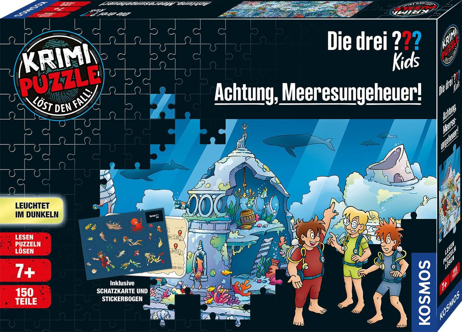 Die Drei ??? Kinder – Krimi-Puzzle – Achtung Seeungeheuer von KOSMOS 680664, 150 Teile, leuchtet im Dunkeln, Lesen, Puzzles, Rätsel lösen, Detektivpuzzle für Kinder ab 7 Jahren. Puzzle Naty Shop Standardtitel