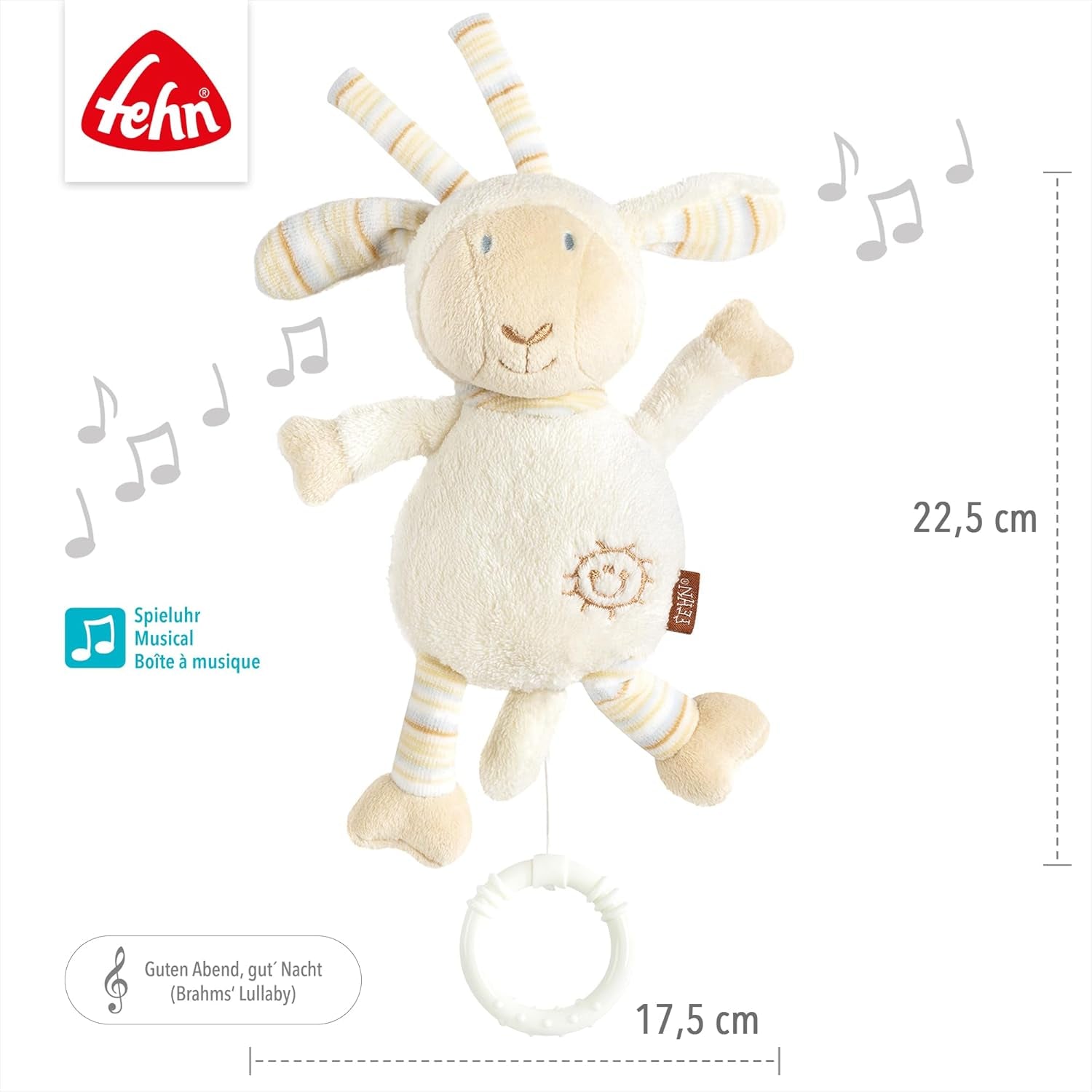 Fehn Spieluhr Baby Einschlafhilfe Schaf – Plüschtier mit Aufsatz – Einschlafhilfe Lied „Brahms Wiegenlied“ – Kinderspielzeug für Reisen und Zuhause – Musikspielzeug für Babys und Kinder Bebe Naty Shop Toys