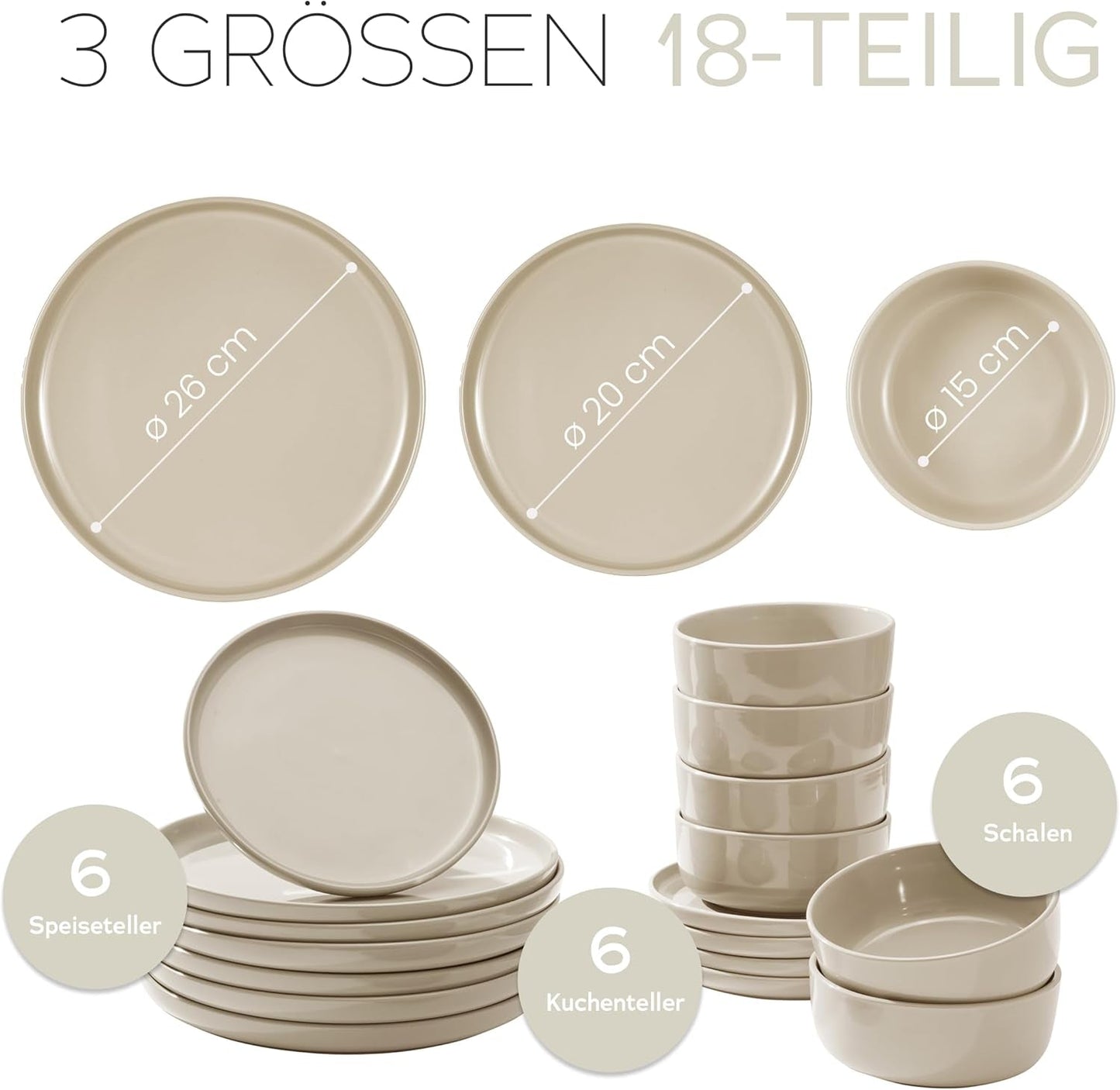 Feinsteinzeug-Geschirrset für 6 Personen, 18-teilig – stärker und kratzfester als Teller und Schüsseln aus Steingut, glänzendes Beige | Das Geschirrset umfasst 6 Speiseteller, 6 Dessertteller und 6 Schüsseln –