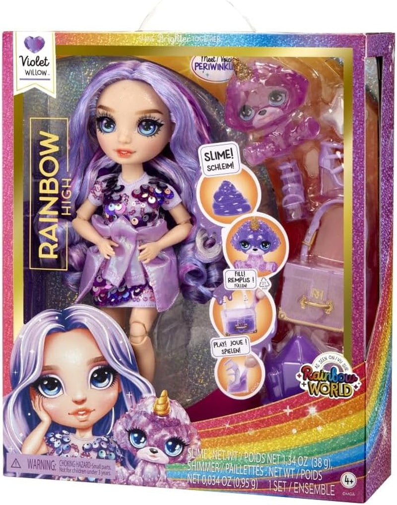 Rainbow High Modepuppe mit Schleim und Haustier – Lila – 28 cm große Glitzerpuppe mit Glitzerschleim, magischem Haustier und Modeaccessoires – Spielzeug für Kinder – ideal für 4–12 Jahre