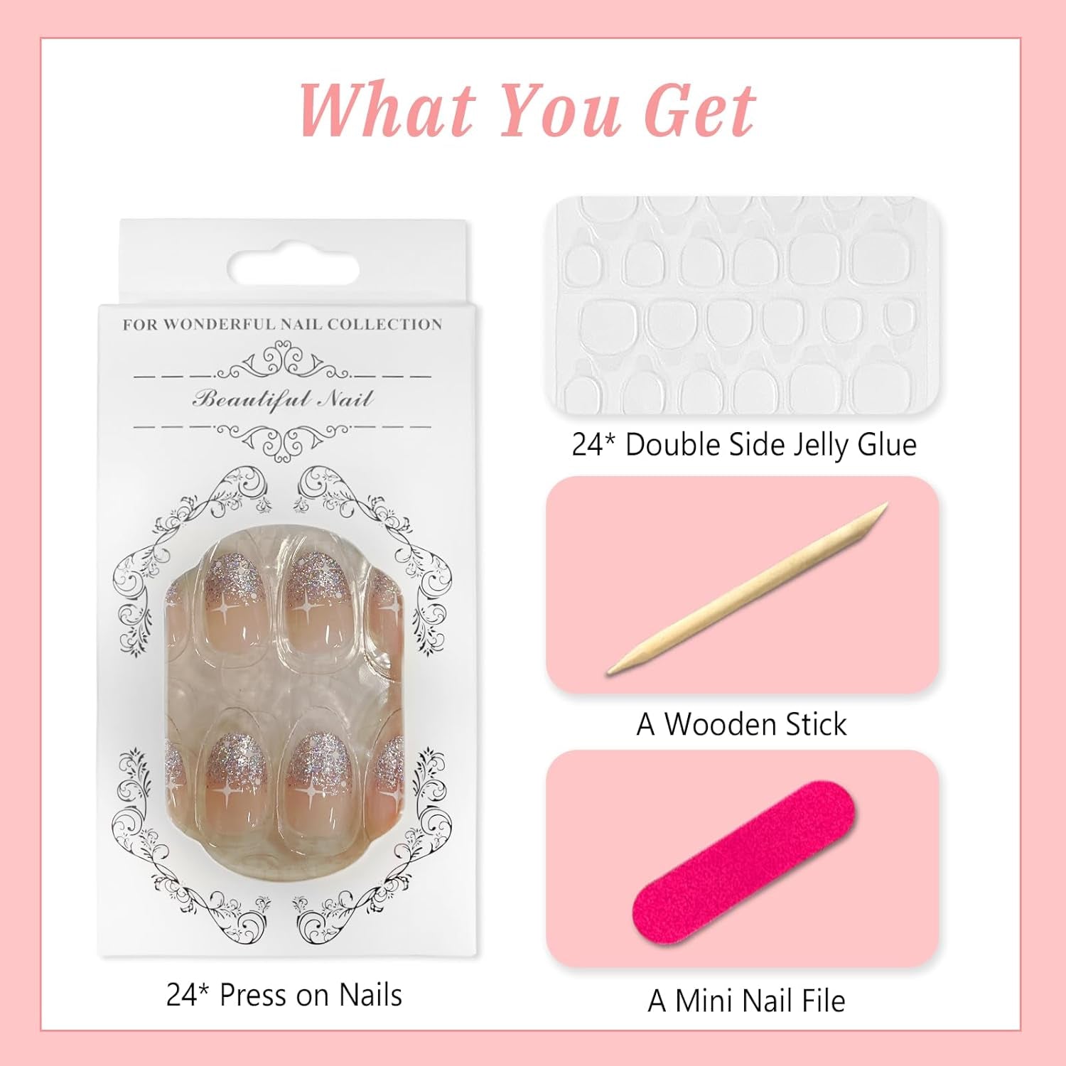 24 Stück French Press On Nails, kurz, glänzend, silberfarbenes Design, ovale künstliche Nägel, zum Aufkleben auf Acryl, glänzende Nägel, falsche Nägel für Frauen und Mädchen