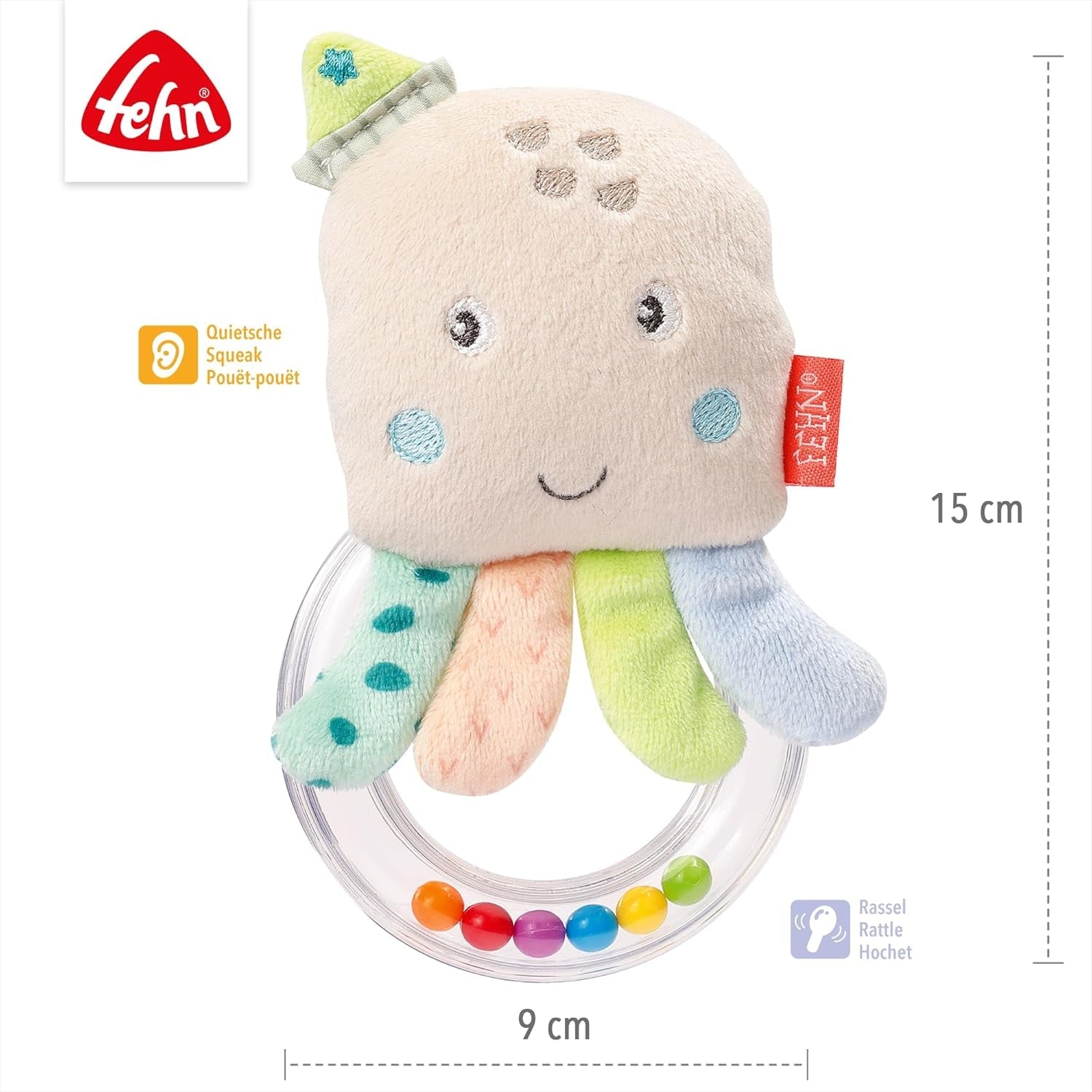 Fehn Oktopus Spielzeug Ringglocke – Rasseln, Quietschen, Fühlmotorikspielzeug – Plüschtier für Babys mit weichem Stoff – Spielzeug für Babys und Kleinkinder ab 0+ Monaten Babyspielzeug Naty Shop