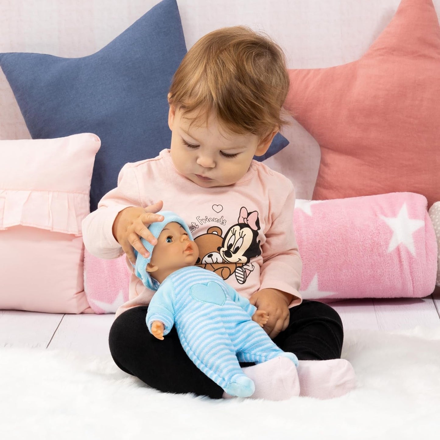 Bayer Design 92802AU My First Baby 28 cm, Babypuppe, Weichkörperpuppe mit Schlafaugen, sehr praktisch, süßes Outfit, blau mit Herz