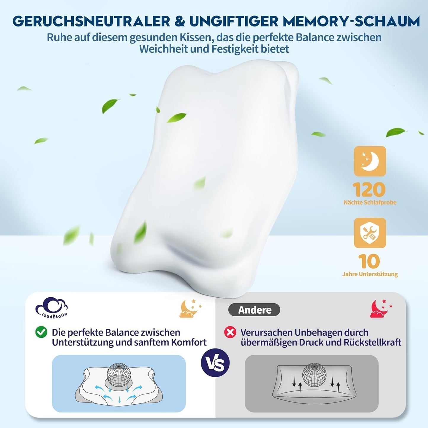 Cloudétoile Nackenkissen Memory-Schaum-Kissen – 2-in-1 ergonomisches orthopädisches Kissen, Visco-Schaum-Kissen, Seitenschläfer-Nackenstützkissen, höhenverstellbares Memory-Schaum-Kissen, weiß, 64 x 38 x 12 cm, orthopädische Nackenkissen, Naty Shop