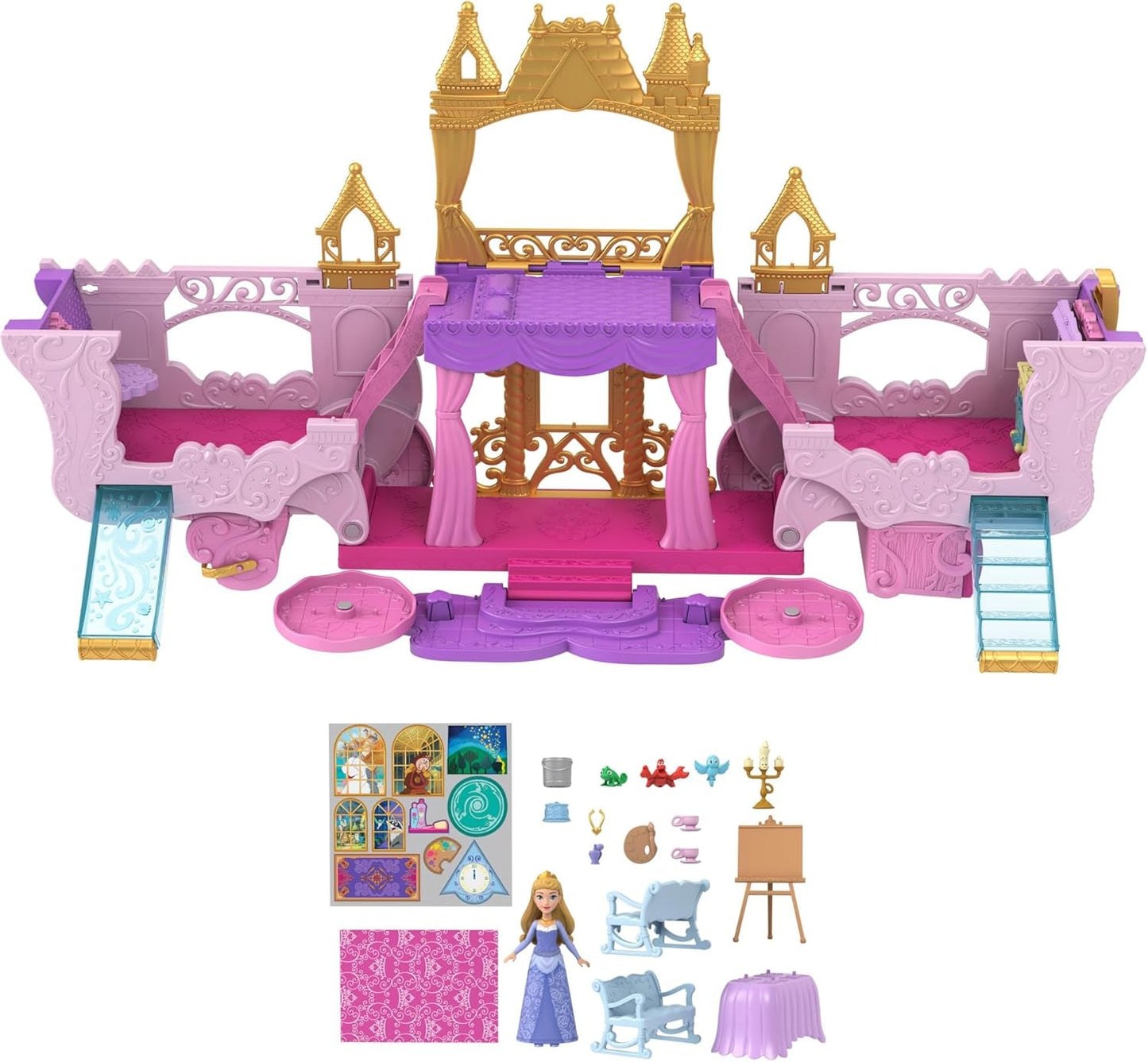 Mattel Disney Princess Verwandlungsspielset Kutsche zum Schloss mit kleiner Aurora-Puppe, 3 Ebenen, 6 Spielbereiche, 4 Figuren, Möbel und Zubehör HWX17 Naty Shop Dolls