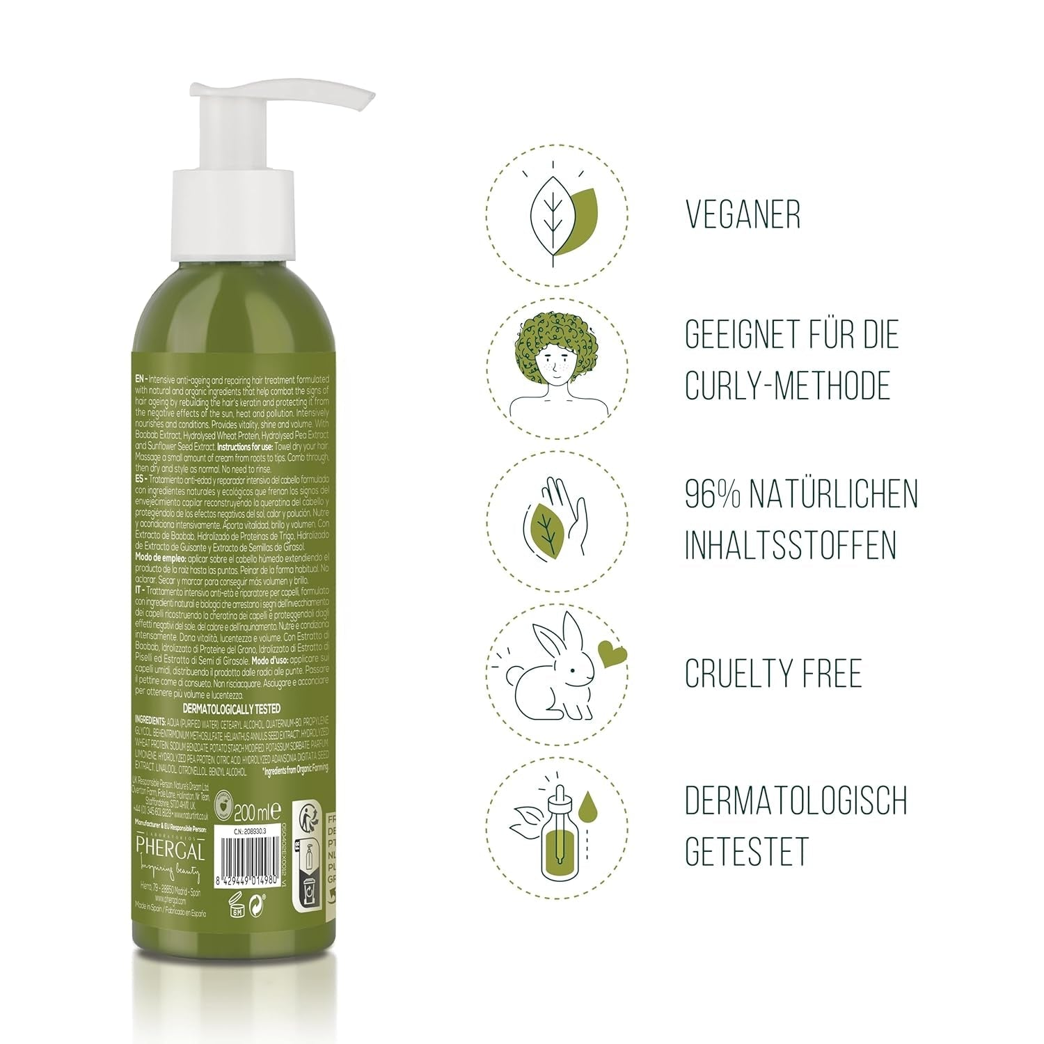 Natürliche Tönung CC-Creme. Haarmaske ohne Ausspülen. Für trockenes und strapaziertes Haar. Repariert und spendet Feuchtigkeit. 96 % natürliche Inhaltsstoffe. 200 ml Naty Shop Haarmaske