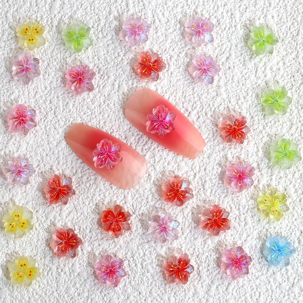 50 Stück 3D Blume Nagel Charms Nägel Zubehör Nageldesign Glitzersteine ​​​​Nailart Strasssteine ​​​​Flower Nail Charms Luminous Flower Nail Art Charms Bunte Blumen Deko Nagel Steinchen Flowers Nail Rhinestones