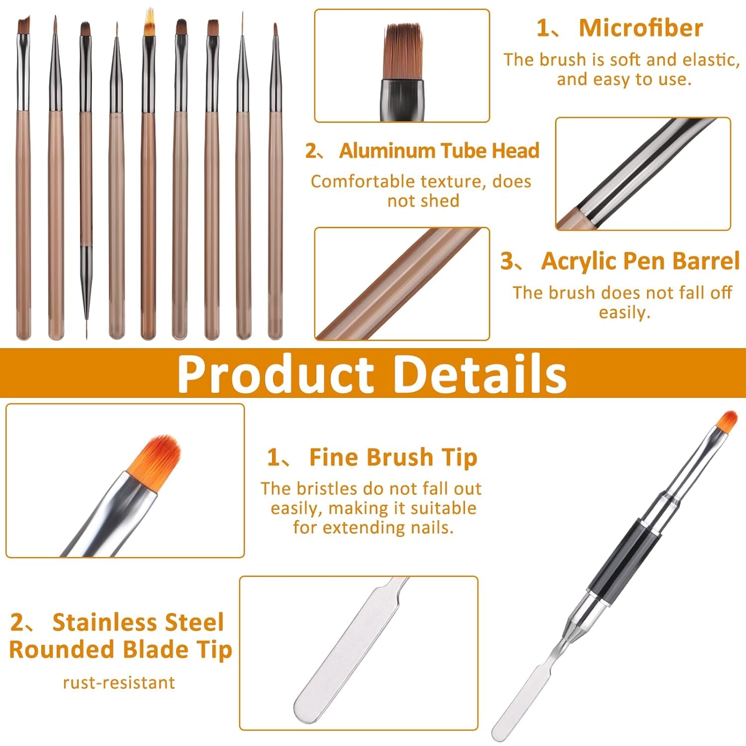 10 Stück Nailart Pinsel Set, Braun Nail Art Pinsel Nailart Design Pinsel Nageldesign Pinselfür Gelnägelfür Heimwerker Maniküre Salon Zuhause Nailpinsel Set