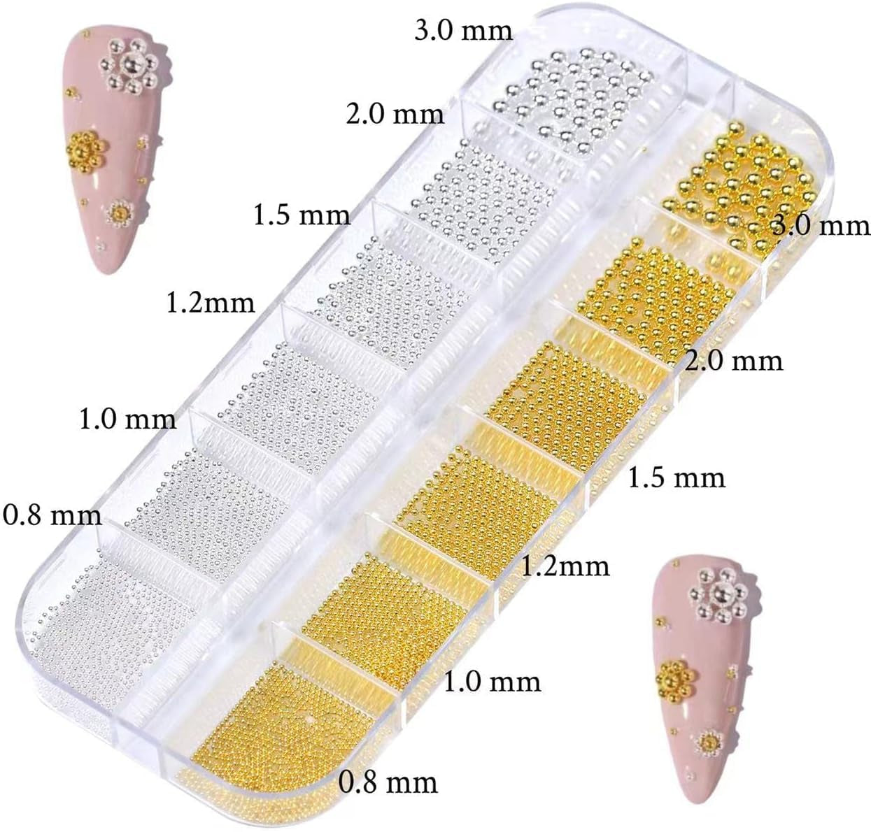 GZMAYUEN Nail Art Perlen Micro Caviar Für Nägel, 0.3-3Mm Goldene Silber Mini Caviar Strasssteine, Weiß Beige Mini Nägel Perlen Mikroperlen Dekor Für Nägel