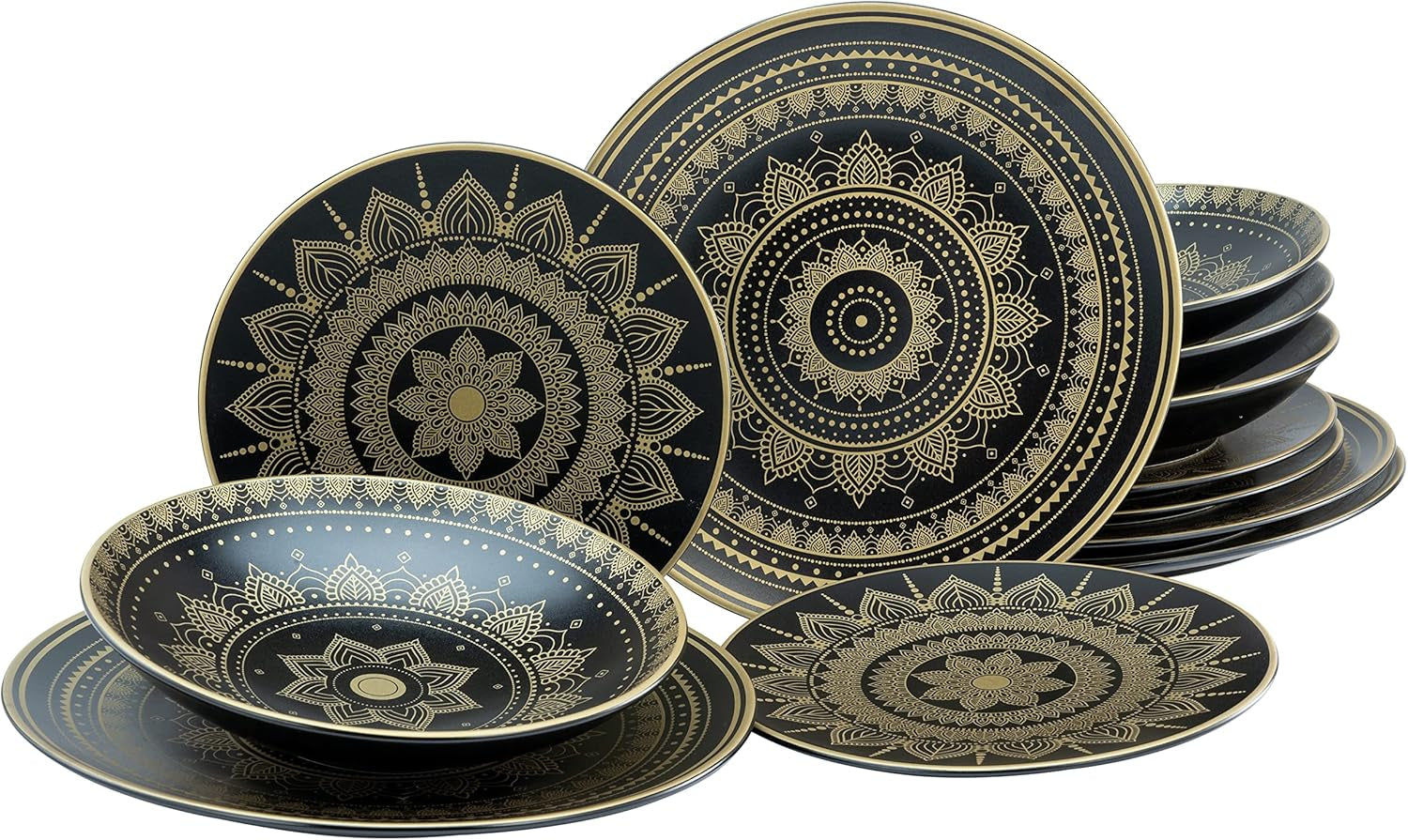 CreaTable, 23588, Serie MANDALA GOLD – Schwarz, 12-teiliges Geschirrset, Tellerset aus Porzellan, spülmaschinen- und mikrowellenfest, hochwertige Herstellung
