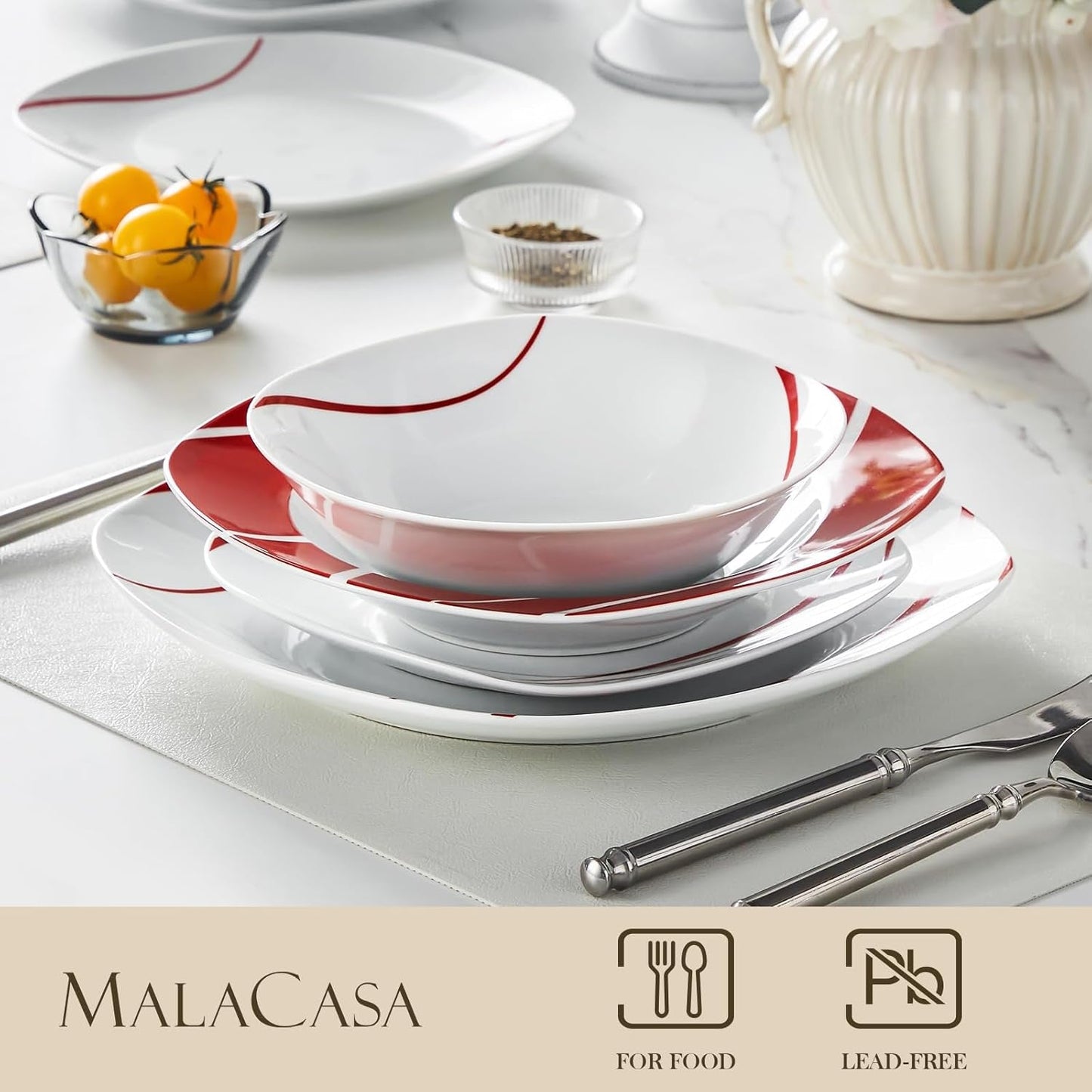 MALACASA Geschirrset für 6 Personen, Felisa Porzellangeschirrset 24-teilig, modernes Geschirrset mit 6 Speisetellern, Desserttellern, Suma-Tellern und Schüsseln, perfekt für Weihnachten und den täglichen Gebrauch