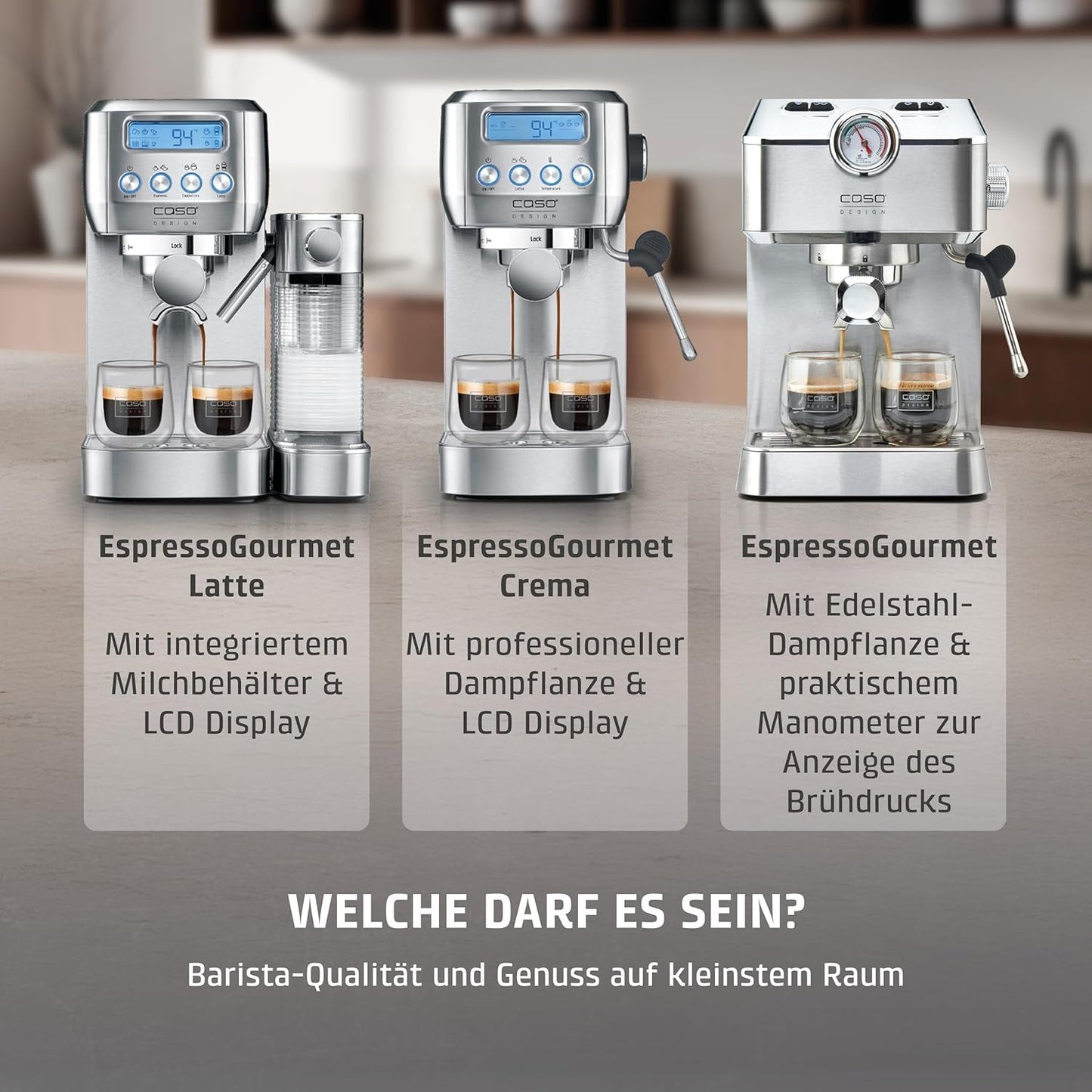 Caso Espresso Gourmet – Siebträger-Espressomaschine aus Edelstahl, leistungsstarke 19-bar-Ulka-Pumpe, mit Milchaufschäumer, für gemahlenen Kaffee oder ESE-Kaffeekapseln, für 2 Tassen, mit Tassenwärmer