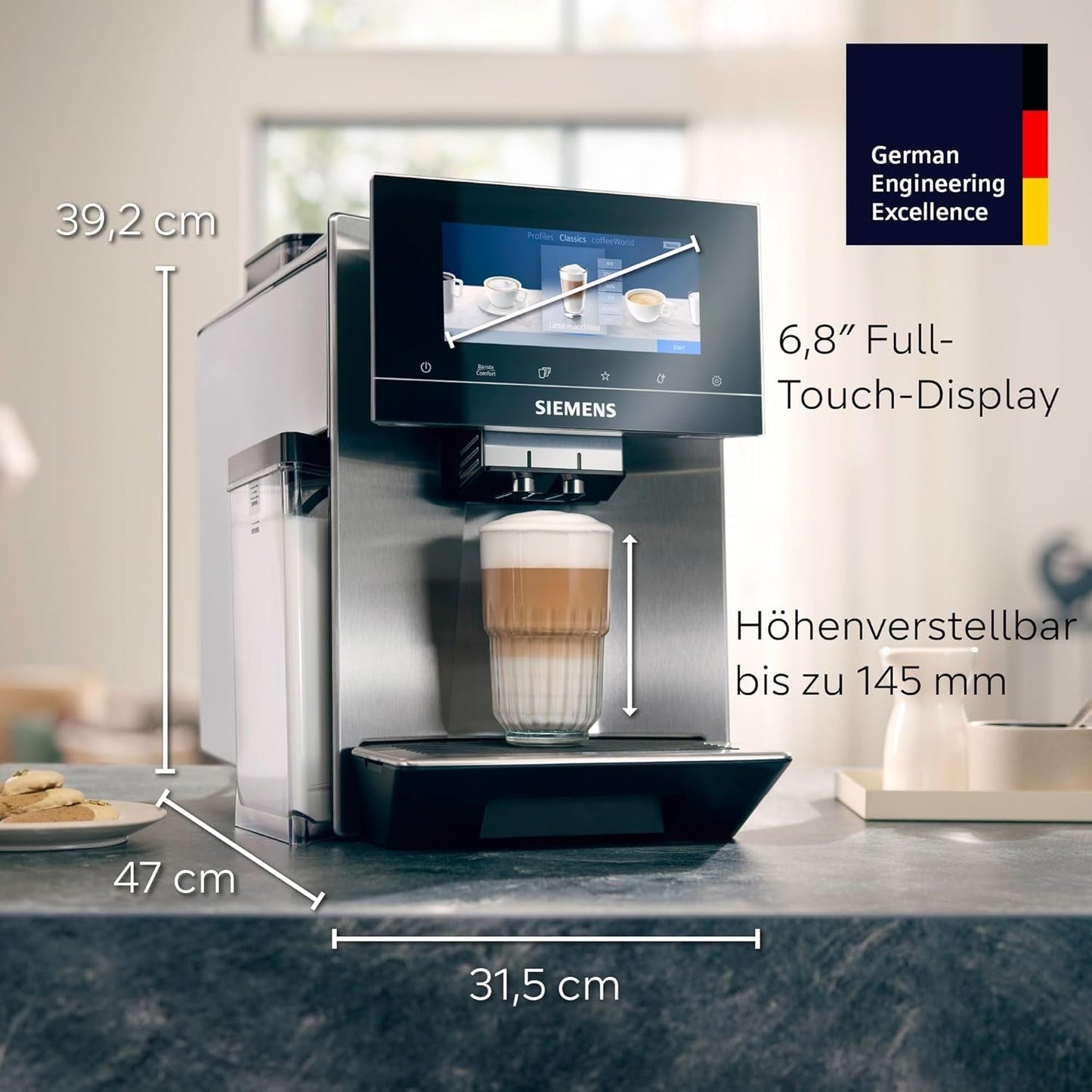 Automatische Espressomaschine Siemens EQ900, großer TFT-Farbbildschirm, 2 Bohnenbehälter, 36 Heiß- und Kaltgetränke, kalter Kaffee, superleise, Zwei-Tassen-Funktion, App-Steuerung, Edelstahl, TQ907D03
