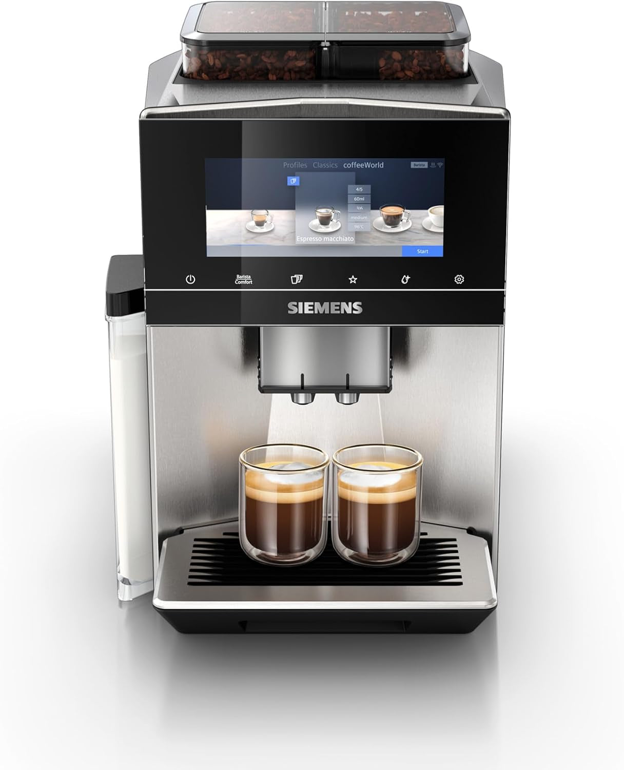 Automatische Espressomaschine Siemens EQ900, großer TFT-Farbbildschirm, 2 Bohnenbehälter, 36 Heiß- und Kaltgetränke, kalter Kaffee, superleise, Zwei-Tassen-Funktion, App-Steuerung, Edelstahl, TQ907D03