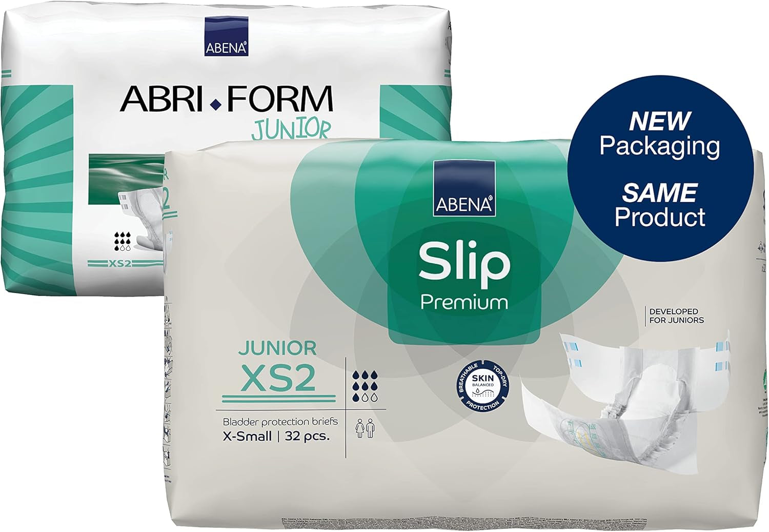 Premium-Slip-Windeln für Junioren, Umweltzeichen, verbesserter Auslaufschutz, sichere und bequeme Babywindeln – Größe 7/XS2, Taillenumfang 40–60 cm, Alter 5–15 Jahre, 1 x 32er-Pack