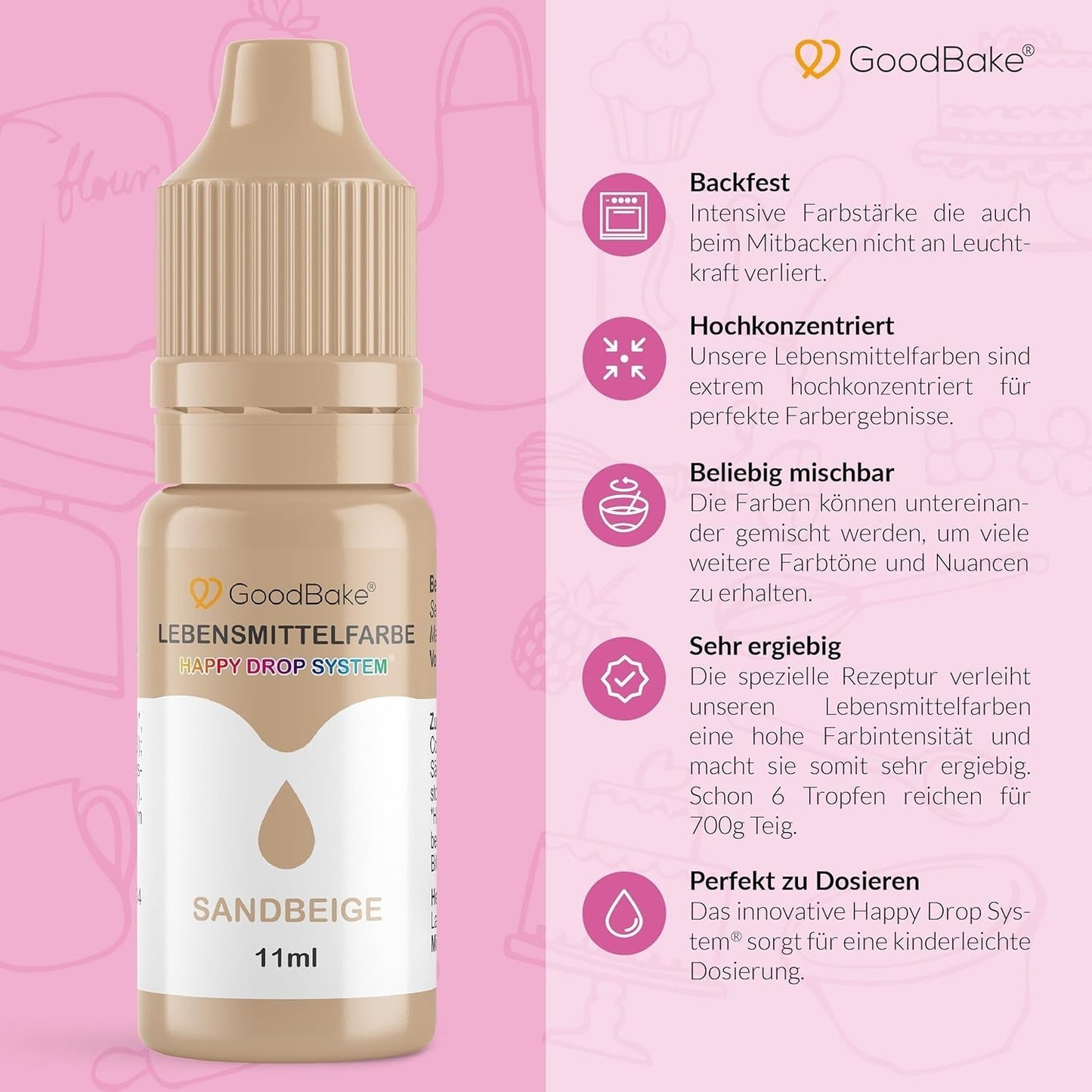 Goodbake Pastell Sand Beige Lebensmittelfarbe (11 ml) – Hochdosierte Lebensmittelfarbe – Zum Färben von Kuchen, Fondant, Buttercreme, Macarons, Getränken, Schleim und vielen anderen Gegenständen. 100 % vegan