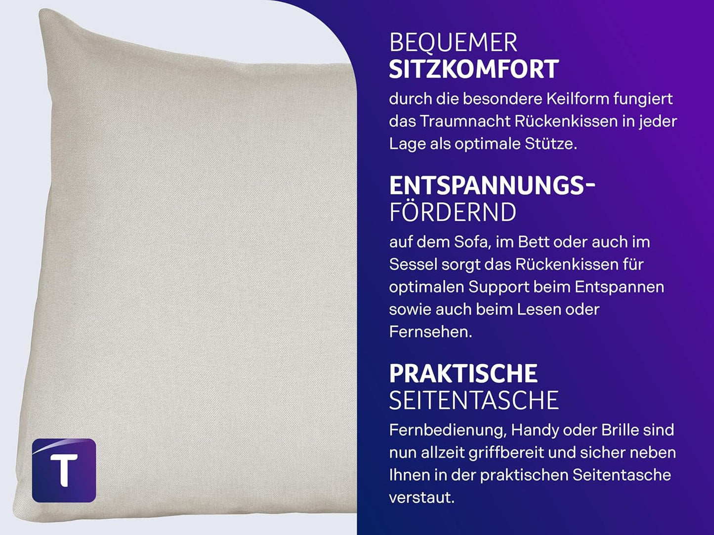 Traumnacht Cozy Rückenkissen, Lesekissen, 70 x 40 cm beige, abnehmbarer und waschbarer Bezug aus 100 % Polyester, praktische Seitentasche, Öko-Tex zertifiziert, nach deutschen Qualitätsstandards produziert