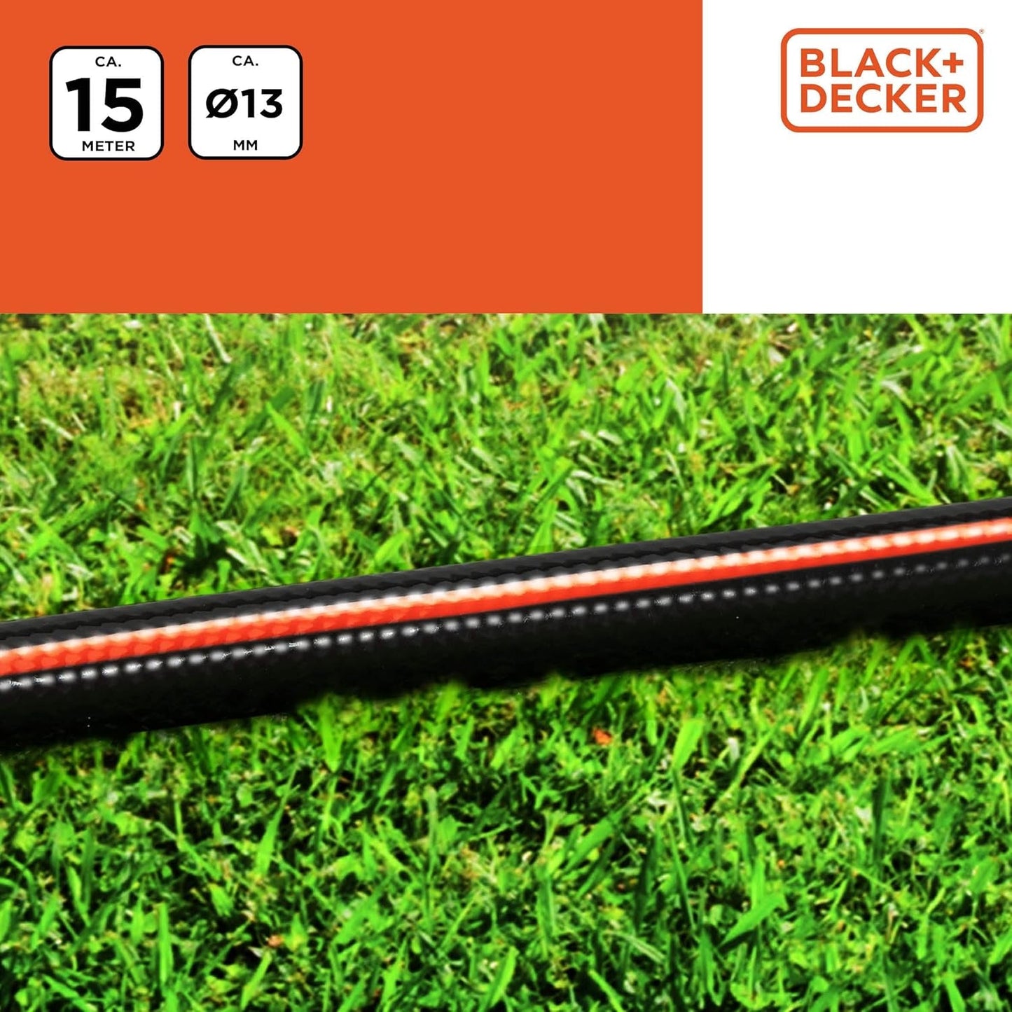 BLACK+DECKER Gartenschlauch 15 Meter – Ø13MM – Strapazierfähiges PVC – Den Garten bewässern, das Auto waschen, den Pool füllen – Kompatibel mit jedem Standard-Wasserhahn – Schwarz/Orange