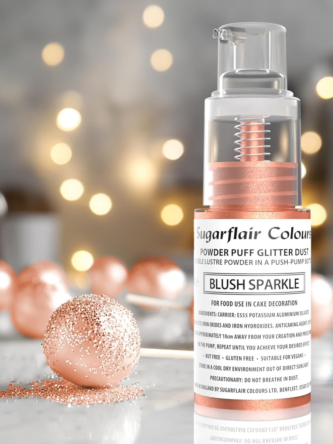 Sugarflair Pump Powder Spray, Glitter, Blush, Glitter – Lebensmittelfarbe für Kuchen, Aerosolfreies Spray für Kuchen, Muffins und mehr – 10 g