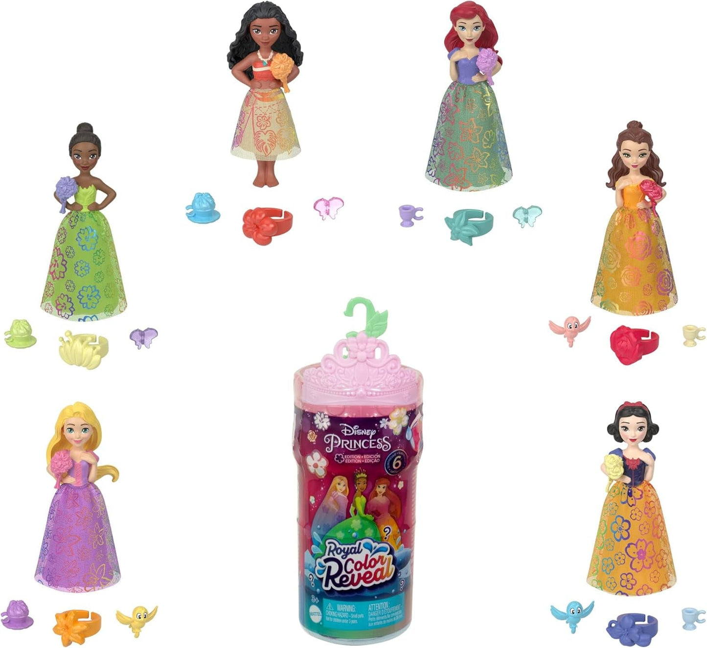 Mattel Disney Princess Royal Color Reveal, kleine Puppe mit 6 Überraschungen, inklusive Duftring und 4 Zubehörteilen (Puppen können variieren), Garden Party-Serie HRN63