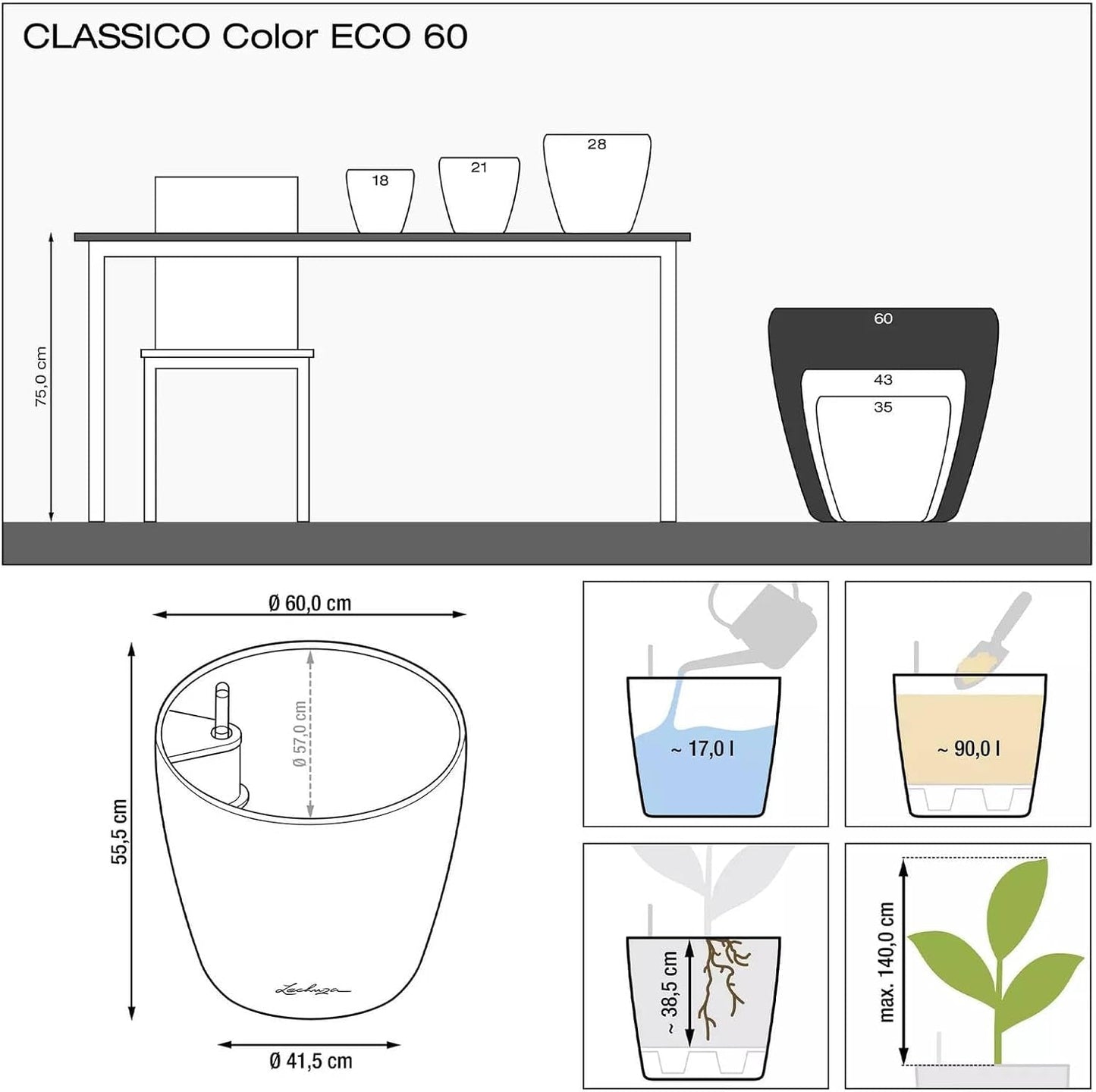 Pflanzgefäß LECHUZA Classico Color ECO 60 Dunkelgrau | Pflanzgefäß mit Bewässerungssystem und Wasserstandsanzeige | Hergestellt aus 100 % recyceltem Kunststoff | Mattes Finish | Ø 60 x 55,5 cm | 18955