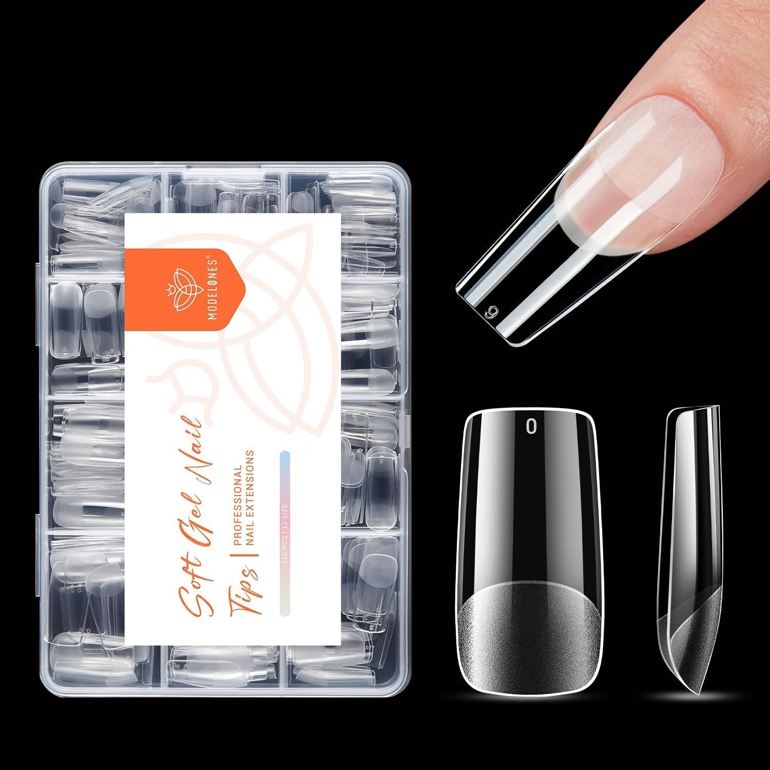 Modelones Nagelspitzen 216-teilig – Nagelspitzen-Set mit vollständiger Abdeckung, weiches Gel-Spitzen-Set, vorpolierende PMMA-Harz-Nagelspitzen, DIY-Kleber auf künstlichen Nägeln für Nagelkunst, kurze Mandeln XS