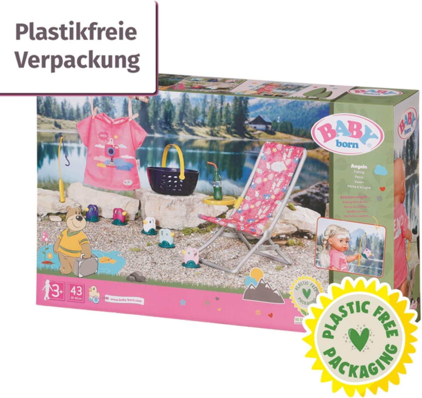 BABY born 832790 Weekend Fishing – Angelpuppen-Zubehörset mit lebendig bedruckter Liege, Beistelltisch, Glas, Korb, Entenküken und Angelrute sowie rosa langem Hemd, Pink