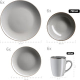 MÄSER Metallgestell, Modernes 6-Personen-Geschirrset mit messingfarbenem Gestell, 24-teiliges Kombiservice mit randlosen Tassenformen, Steinzeug, Grau