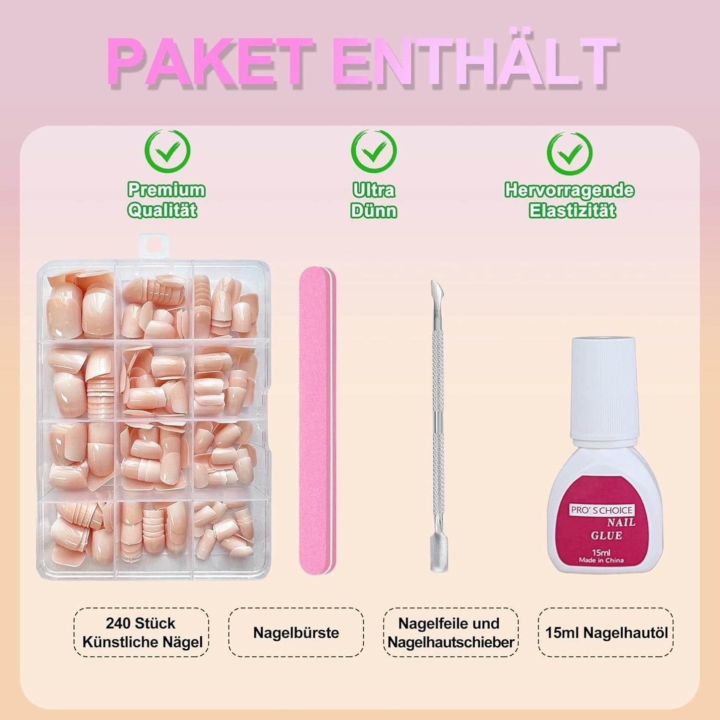 Set mit künstlichen Nägeln – 240 Stück, kurze, quadratische Nägel, weiches Gel, Modell Nude, weißer Farbverlauf, künstlicher natürlicher Kleber auf künstlichen Nägeln für Frauen, DIY (nackter Farbverlauf, 240 x)