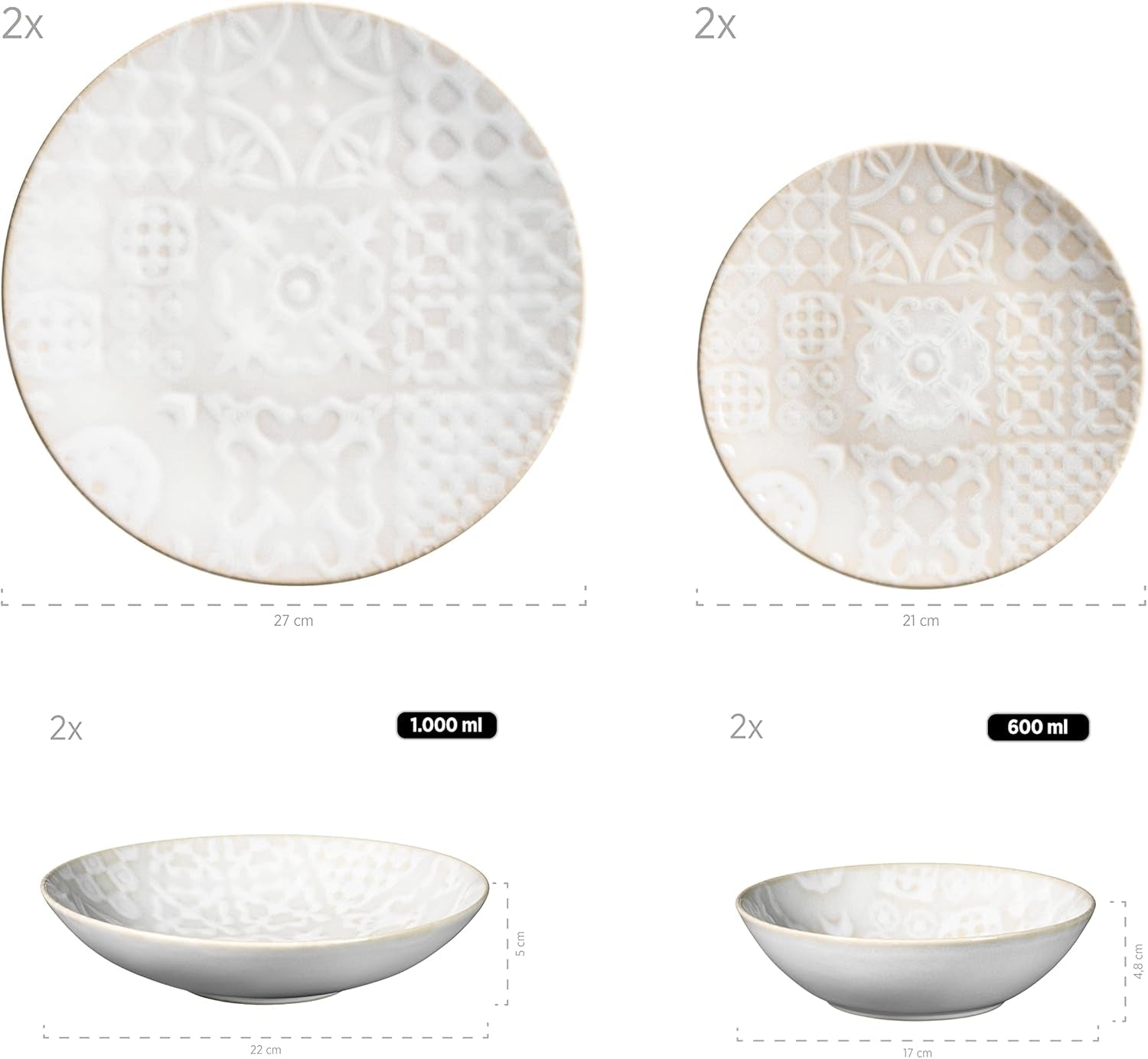 MÄSER 935079 Modernes Vintage-Geschirrset für 2 Personen, maurisches Design, 8-teiliges Tischservice, hochwertige Keramikteller und -schalen, Steinzeug, weiß
