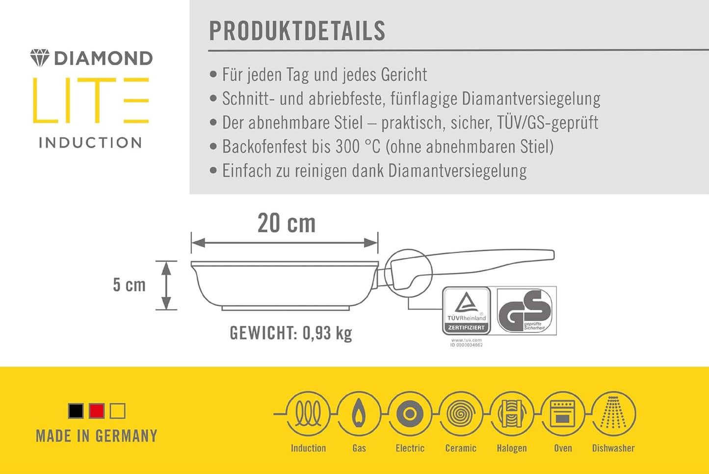 Woll Diamond Lite flache Pfanne - Induktion -, Ø 20 cm, 5 cm Höhe, mit abnehmbarem Griff - für alle Herdarten geeignet, Aluminiumguss, antihaftbeschichtete Töpfe und Pfannen Naty Shop