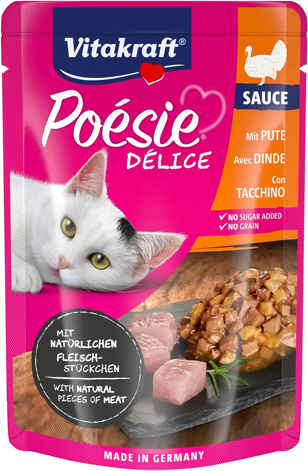 Vitakraft Poésie Délice, Nassfutter für Katzen, Katzenfutter in Soße, mit Truthahn, Großpackung, ohne Zusatz von Zucker oder Getreide (23 x 85g)