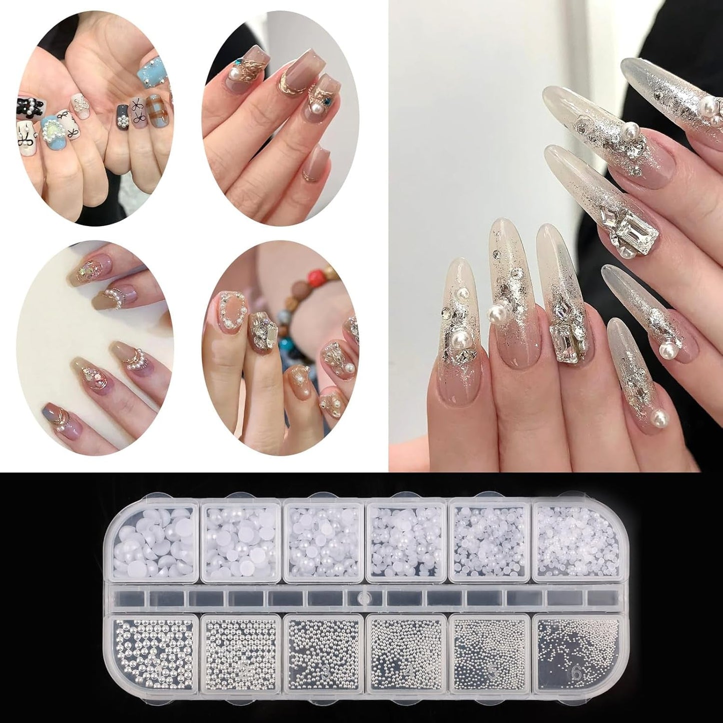 Nail Art Strasssteine ​​1 Schachtel, Nail Charms, 12 Typen Weiße Perlen Für Nägel, Flatback Rhinestones, Klein Edelstahl-Perlen, Nagel Deko, Nagel Zubehör