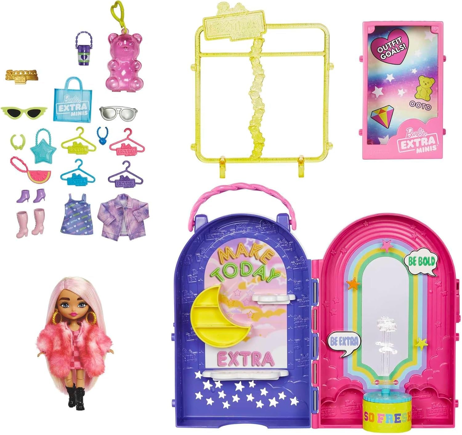 Barbie Extra Minis, Extra Mini-Puppe und Boutique-Spielset, Kleiderschrank mit Schränken, Regalen, Spiegeln, 360-Grad-Plattform, Extra Mini-Puppe mit rosa Haarschmuck, HHN15