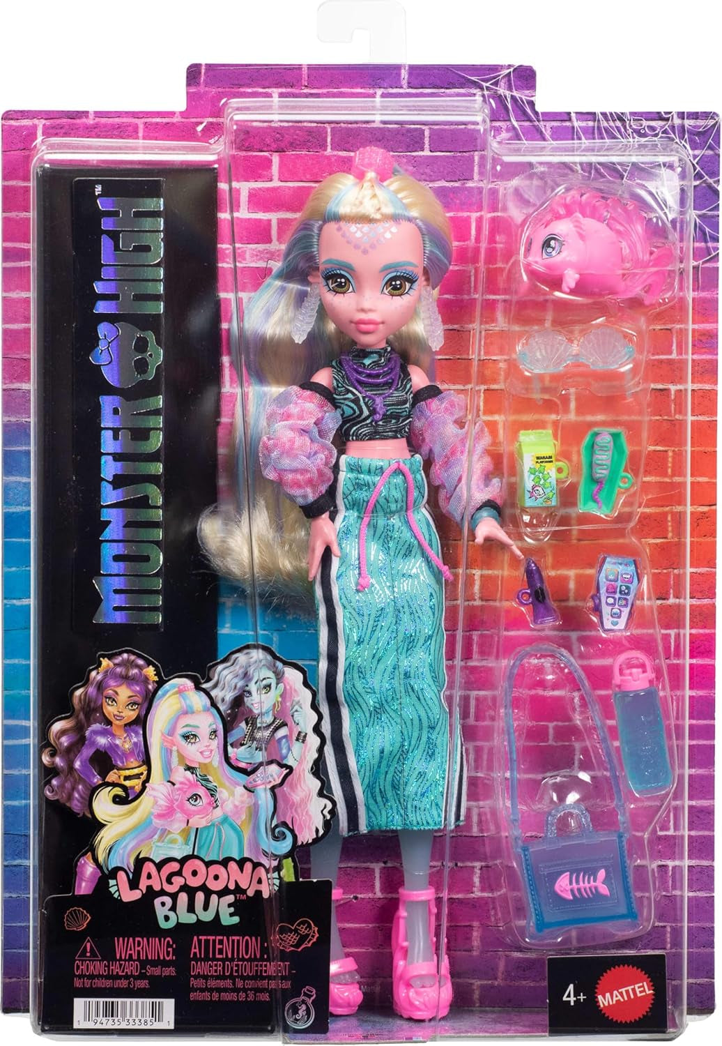 Monster High Lagoona Blue Neptuna Fish Short Top und Sport-Maxirock-Puppe mit 7 Accessoires, darunter Muschel-Sonnenbrille, Snack und Tasche, JHK33