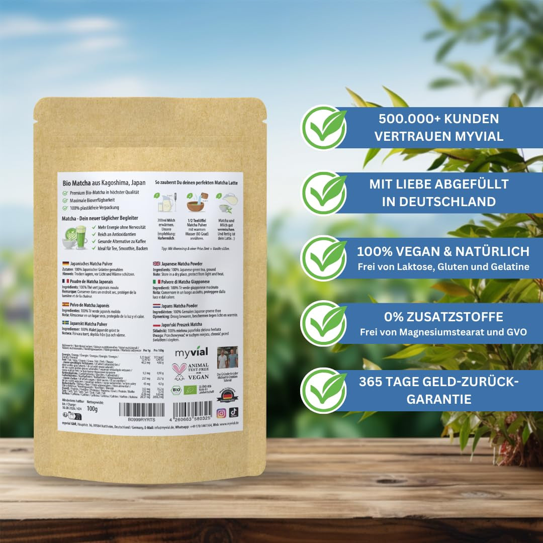 Bio-Matcha-Tee Premium-Pulver, 100 g, hochwertigster Grüntee aus Japan Kagoshima – perfekt für Smoothie, Matcha Latte, japanischer Grüntee, vegan, ohne Zusatzstoffe, plastikfreie Verpackung