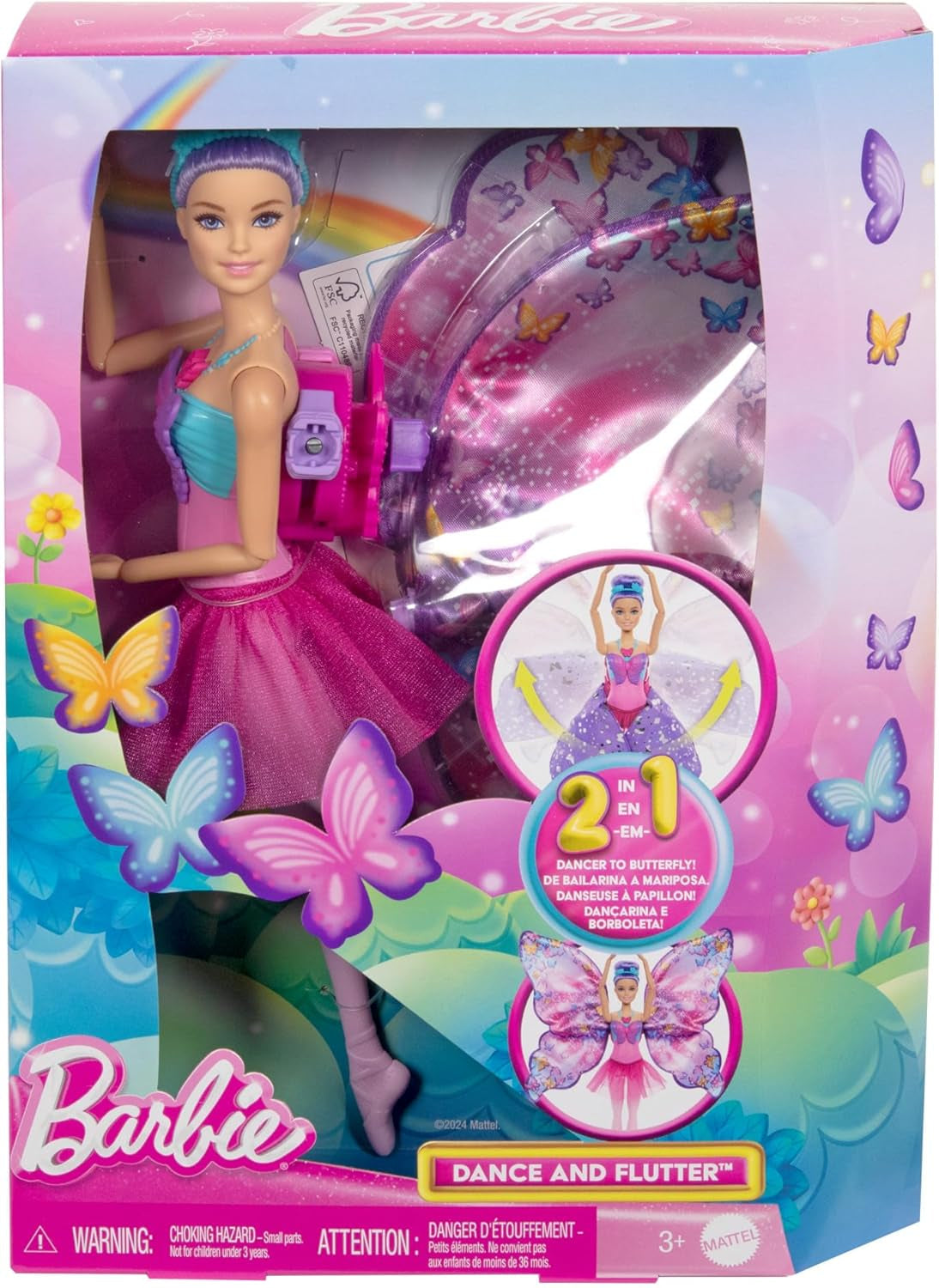Barbie Dance And Flutter 2-in-1-Tänzerin-zu-Schmetterling-Verwandlungspuppe mit aufklappbaren Flügeln, lila Haaren, Haarschmuck und abnehmbarem Tutu, HXJ10 Naty Shop Dolls