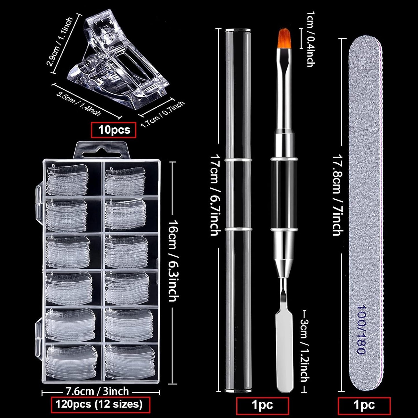 120-teiliges Nagelform-Set, Nagelverlängerungen, Gel-Nagelformen, Nagelform-Set mit Doppelkopfbürste und Nagelfeile mit Clips, für Gelnägel