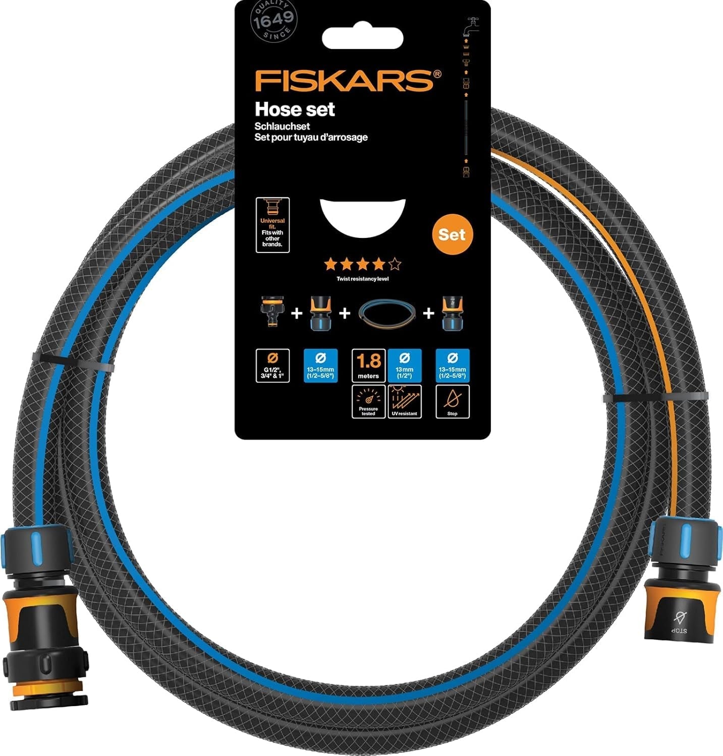 Fiskars Water Wheel Wasserschlauch-Set mit 2 Schlauchanschlüssen und Wasserhahnanschluss, Universalgröße, Torsionssteifigkeitsstufe 4 (von 5), 1,8 m, Ø 1,3–1,5 cm (1/2–5/8 Zoll), Schwarz/Orange/Blau, 1057621