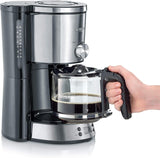 SEVERIN Espressomaschine „TypeSwitch“ mit Glaskaraffe und Timer, AromaSwitch zur Auswahl von 2 Brühoptionen, Digitaluhr mit Timerfunktion, für bis zu 10 Tassen, 1000 W, Edelstahl gebürstet-schwarz, KA 4826