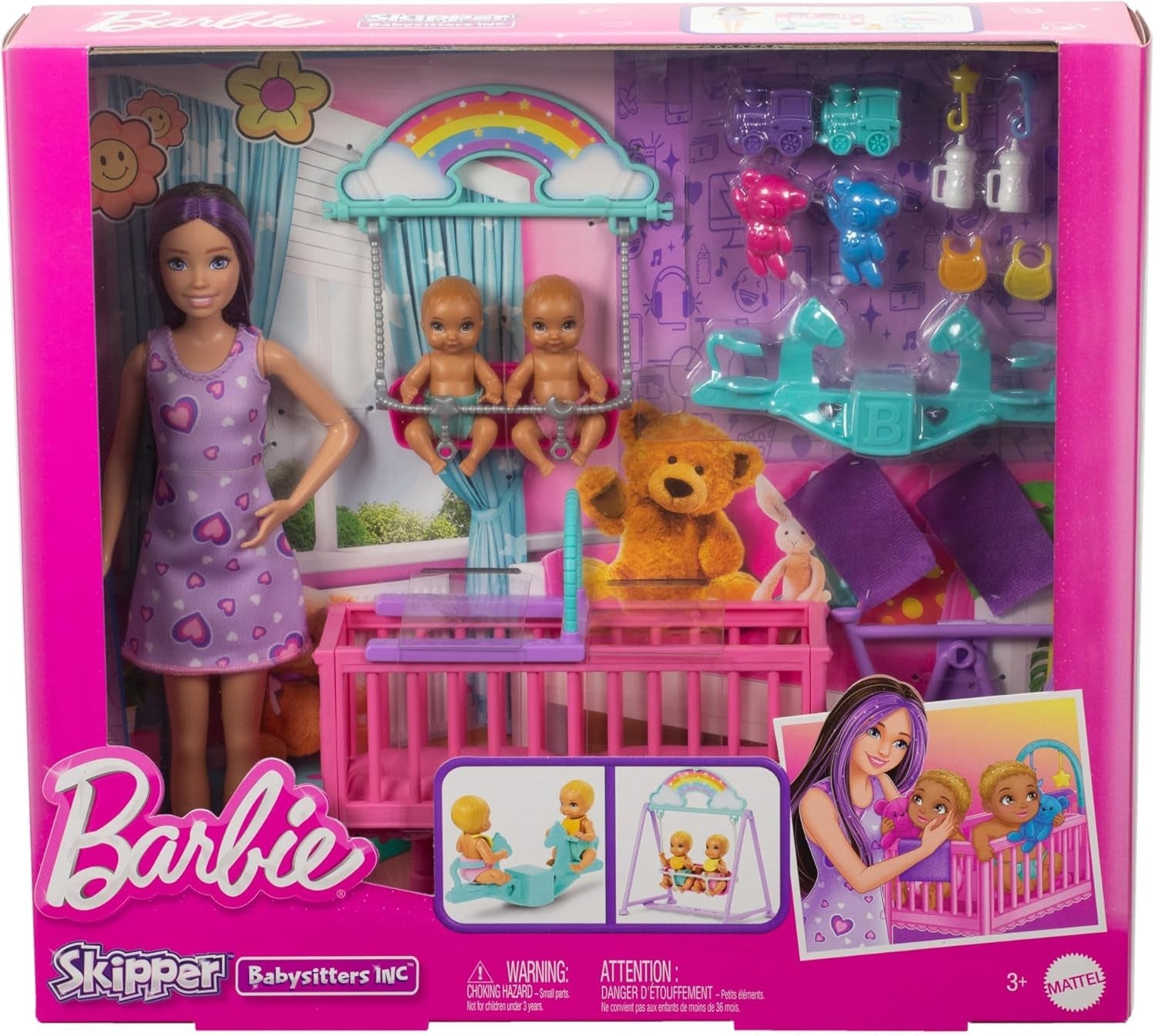 Barbie Skipper-Puppe und Kinderzimmer mit Zubehör, einschließlich Zwillingspuppen, 1 Kinderbett, 1 Schaukel, 1 Wippe und mehr, HXM99 Naty Shop Dolls