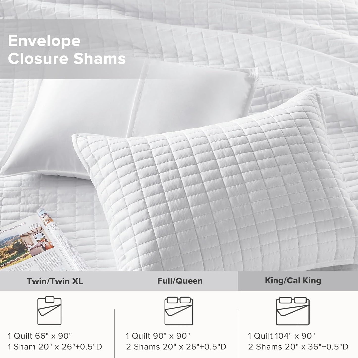Comfort Spaces Kienna Steppdecken-Set, luxuriöse Doppelnaht-Sommerdecke, leichte, weiche Ganzjahresbettwäsche, passender Kissenbezug, weiße King-Size-Decke (264,2 x 228,6 cm), Naty Shop Bettdecken und Steppdecken
