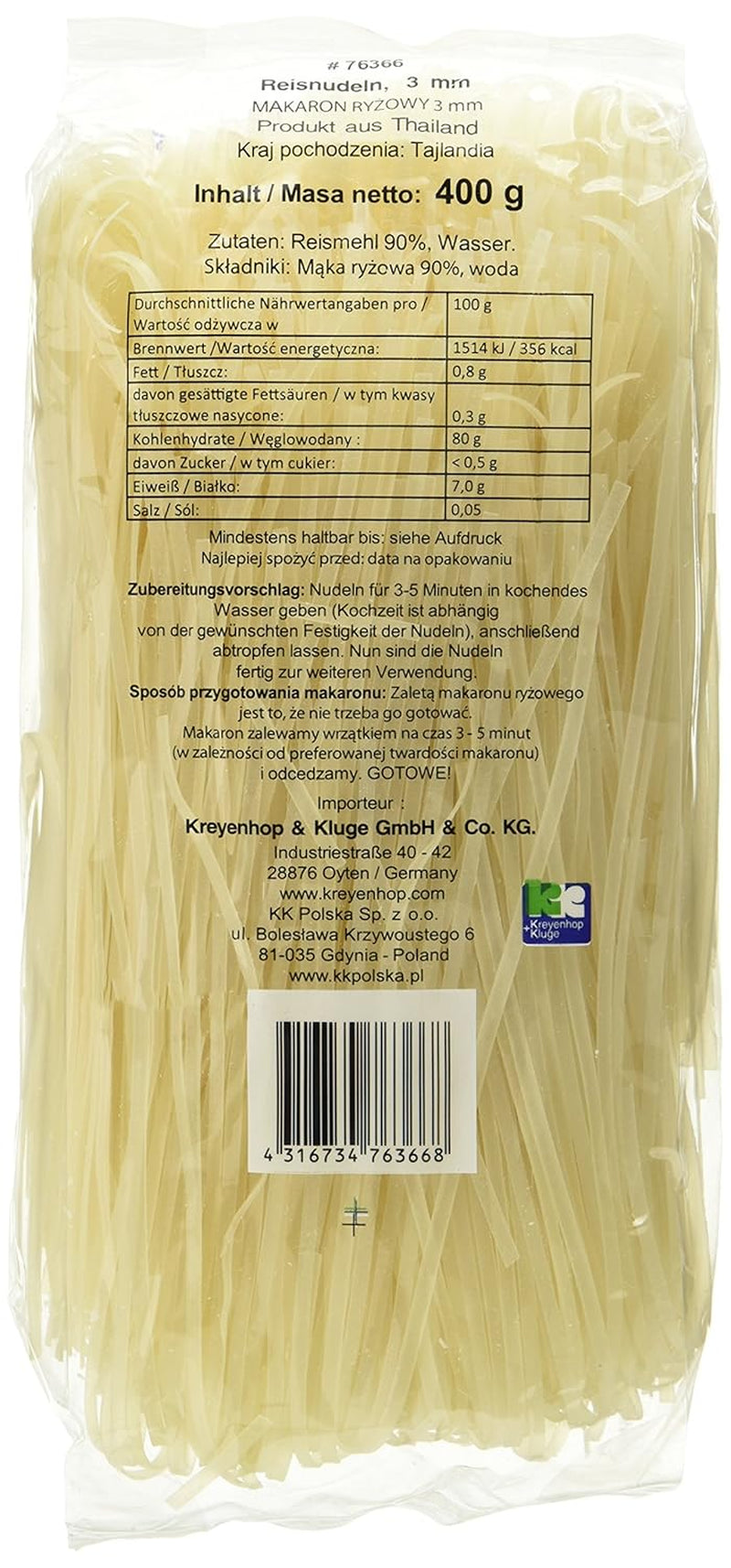 Reisnudeln – Thailändische, 3 mm breite Reisbandnudeln, hergestellt aus Reismehl – ​​17 x 400 g